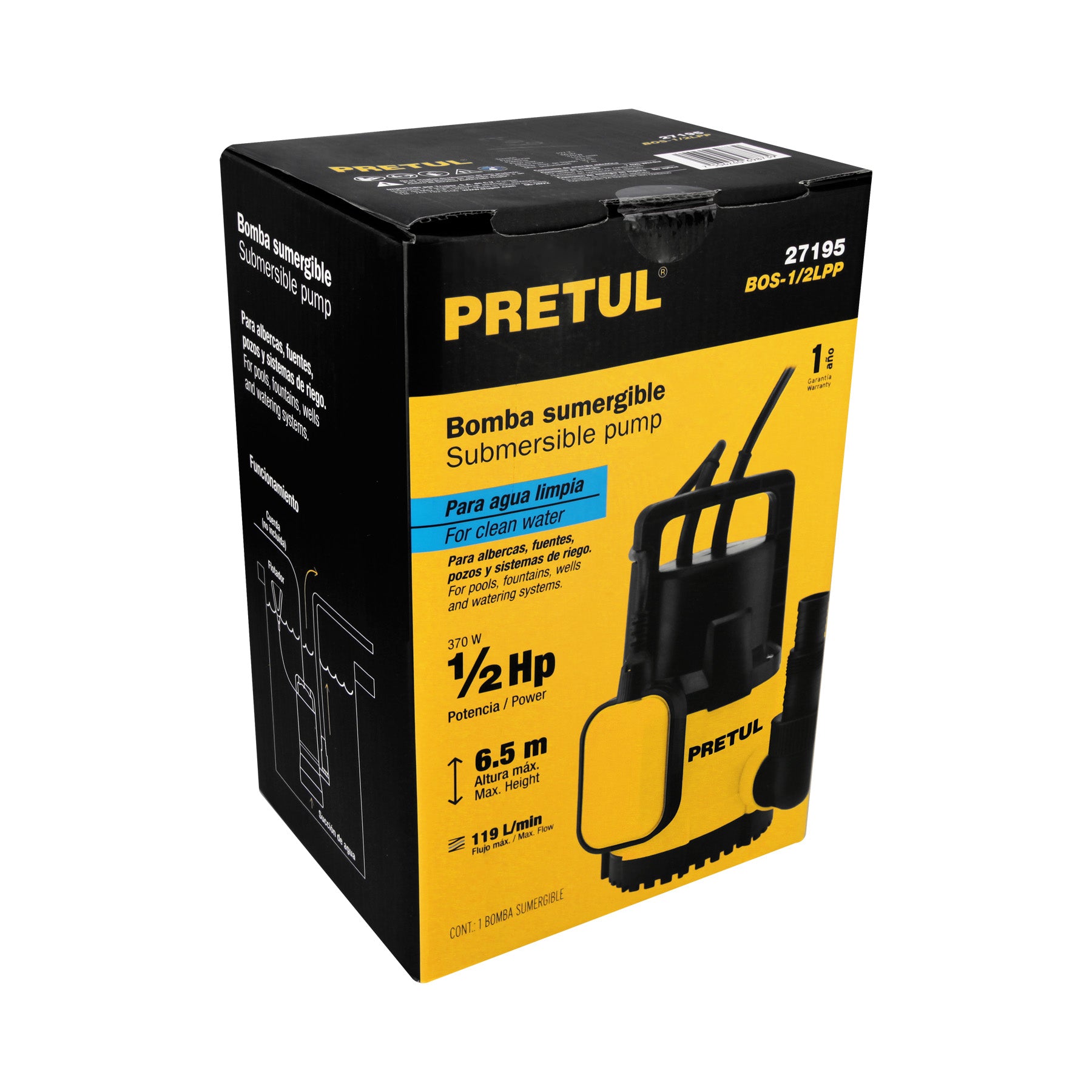 Bomba sumergible plástica, 1/2 HP para agua limpia, PRETUL