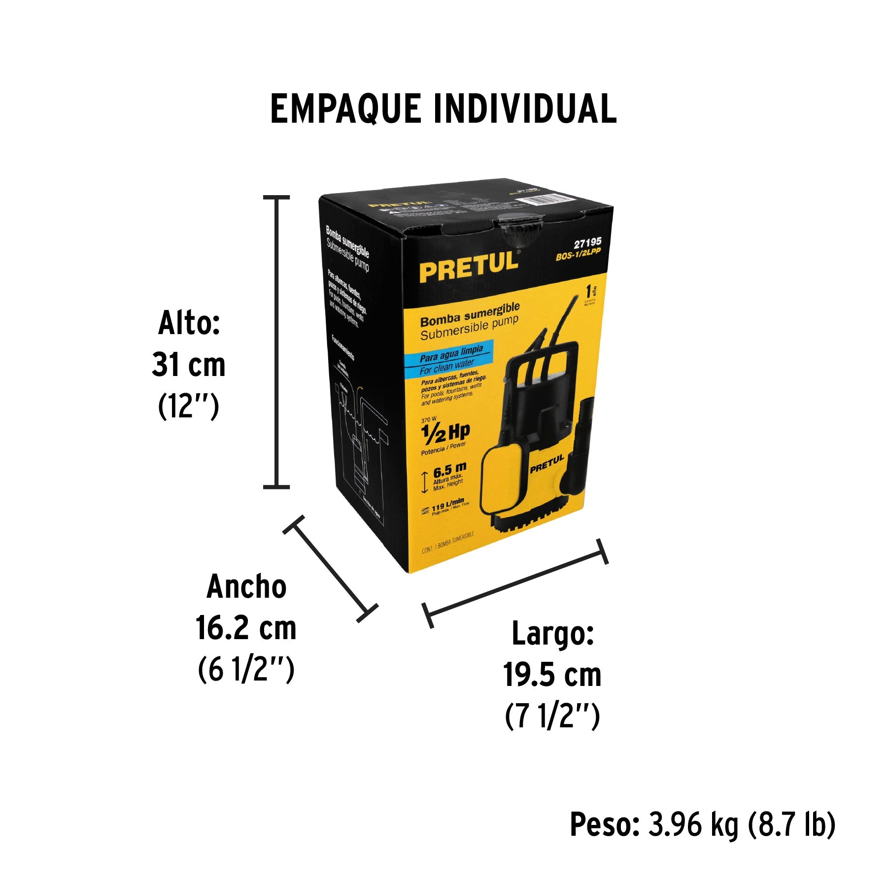 Bomba sumergible plástica, 1/2 HP para agua limpia, PRETUL - Empaque