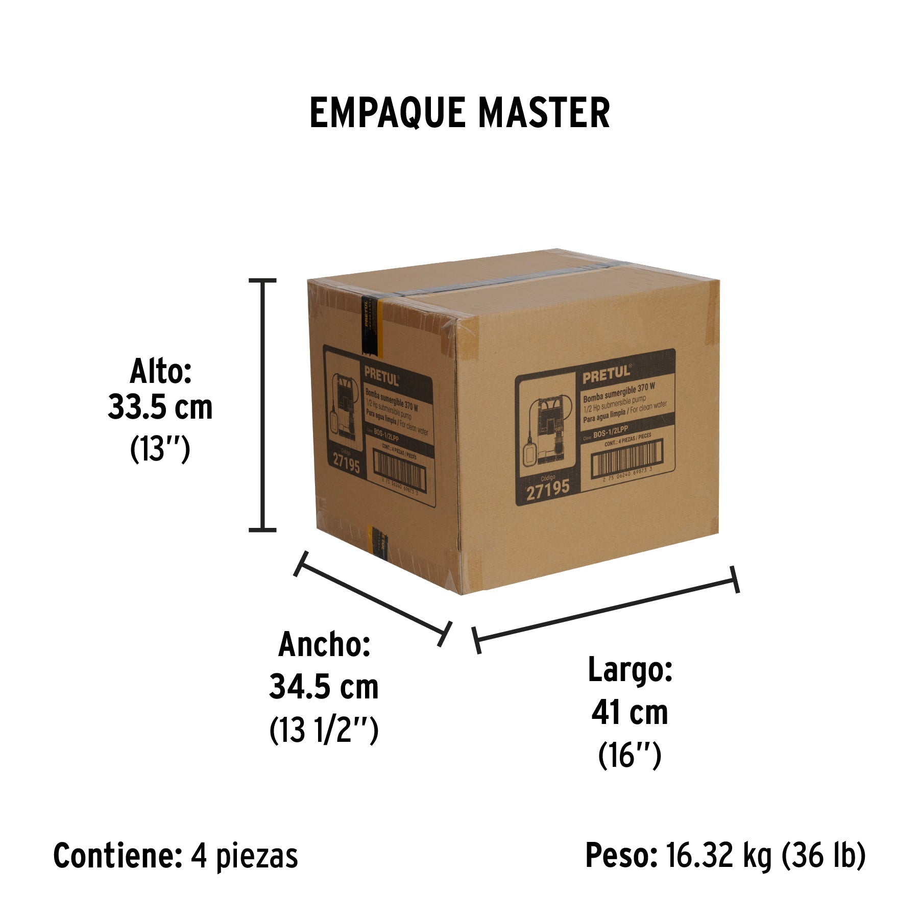 Bomba sumergible plástica, 1/2 HP para agua limpia, PRETUL - Empaque