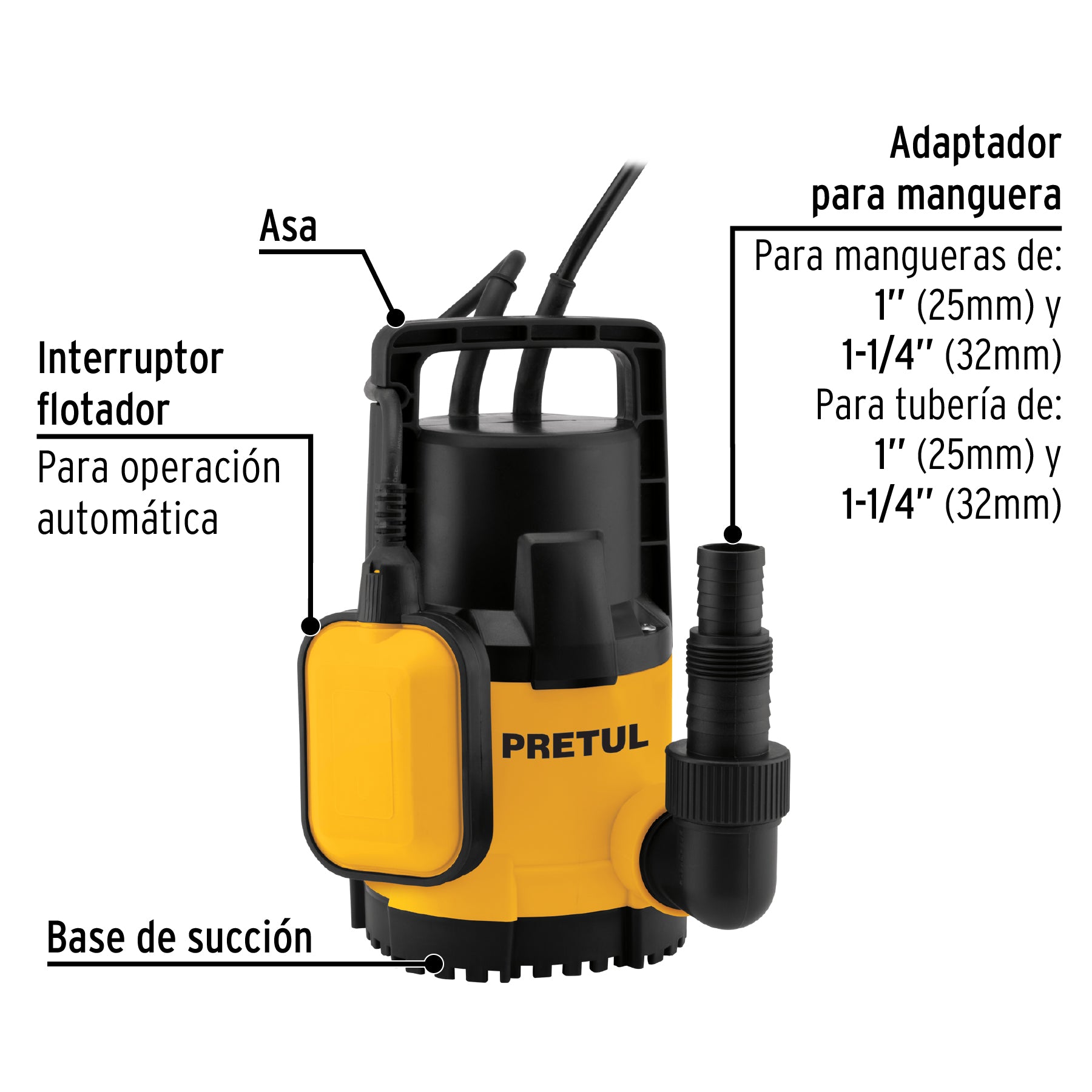 Bomba sumergible plástica, 1/2 HP para agua limpia, PRETUL