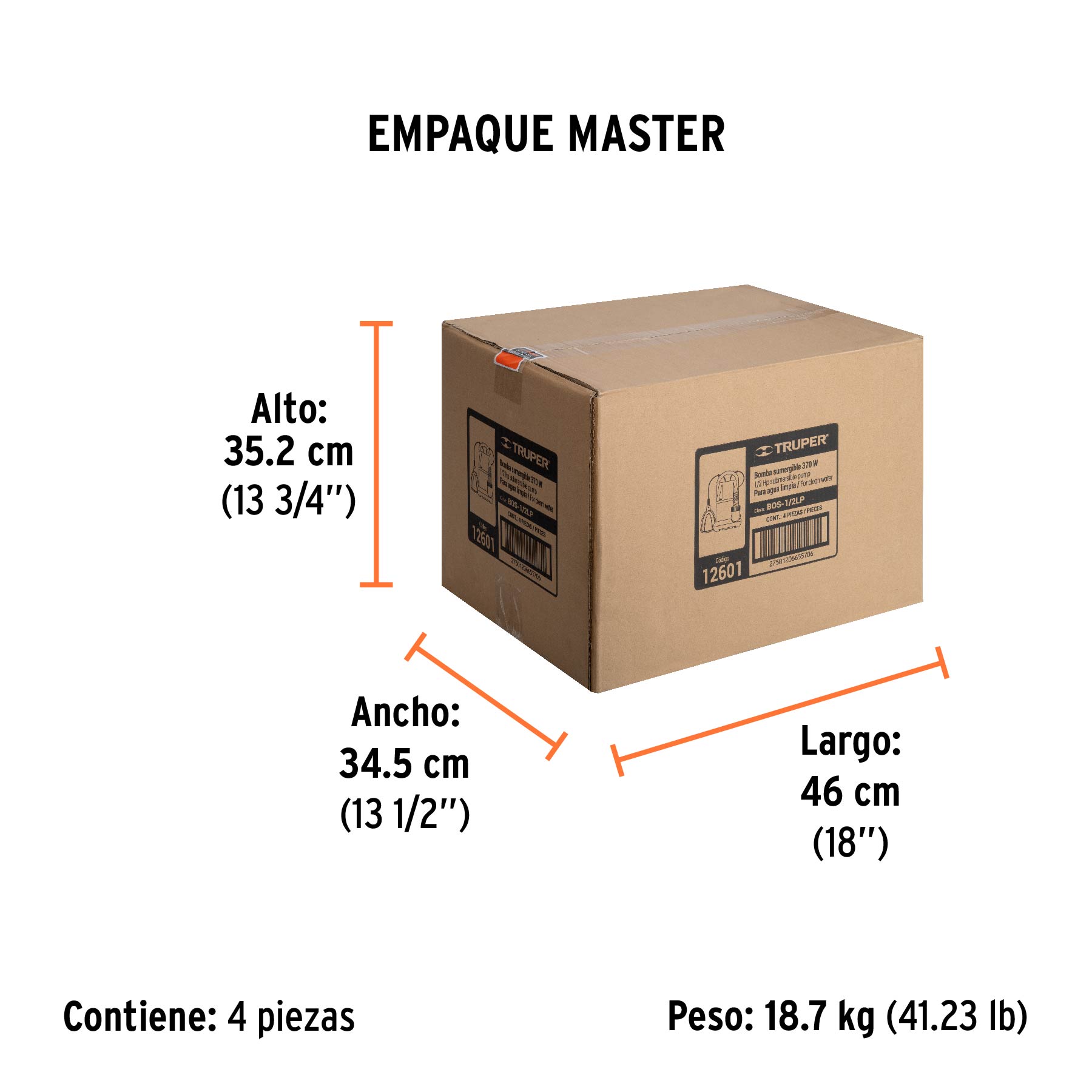 Bomba sumergible plástica, 1/2 HP para agua limpia, TRUPER - Empaque