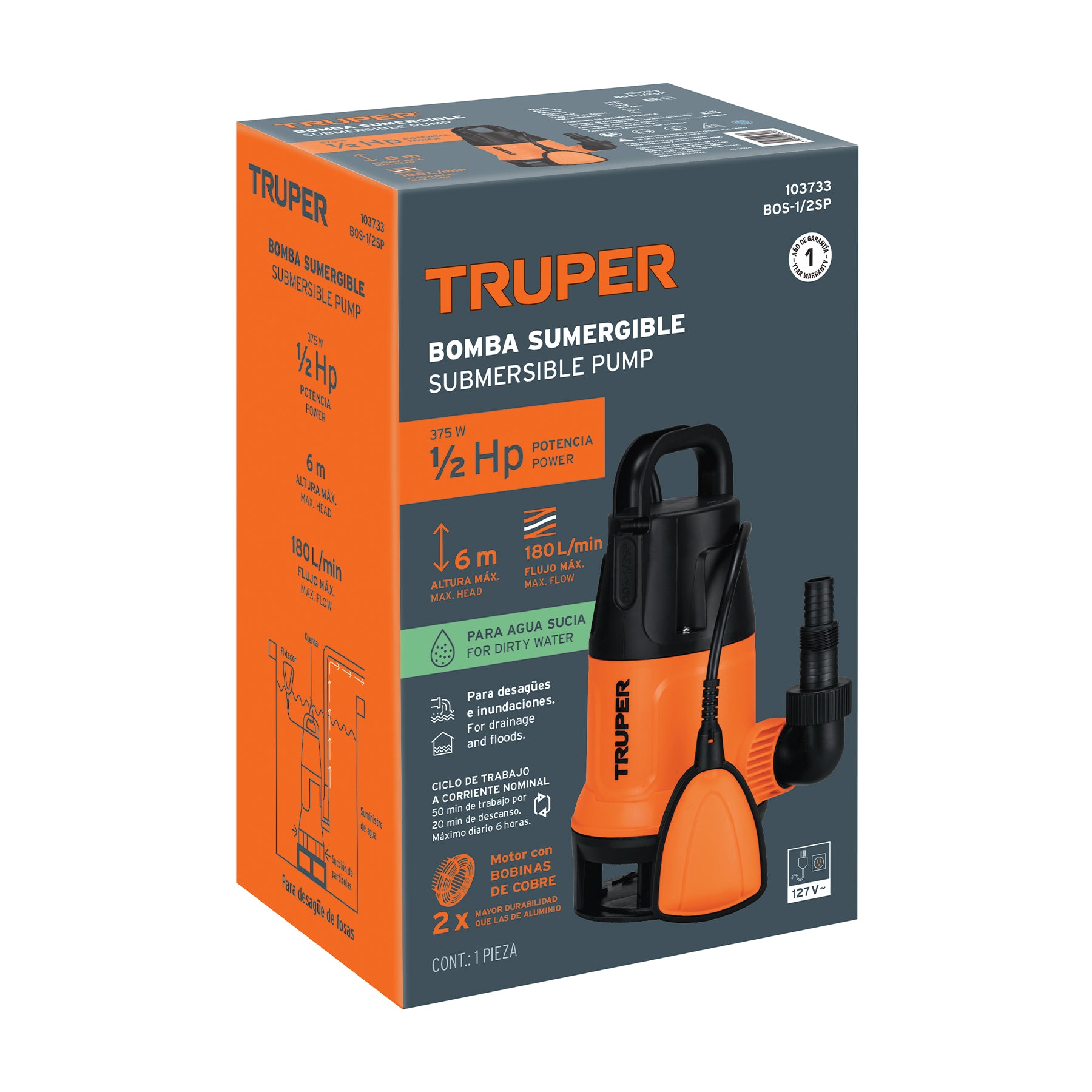Bomba sumergible plástica, 1/2 HP para agua sucia, TRUPER