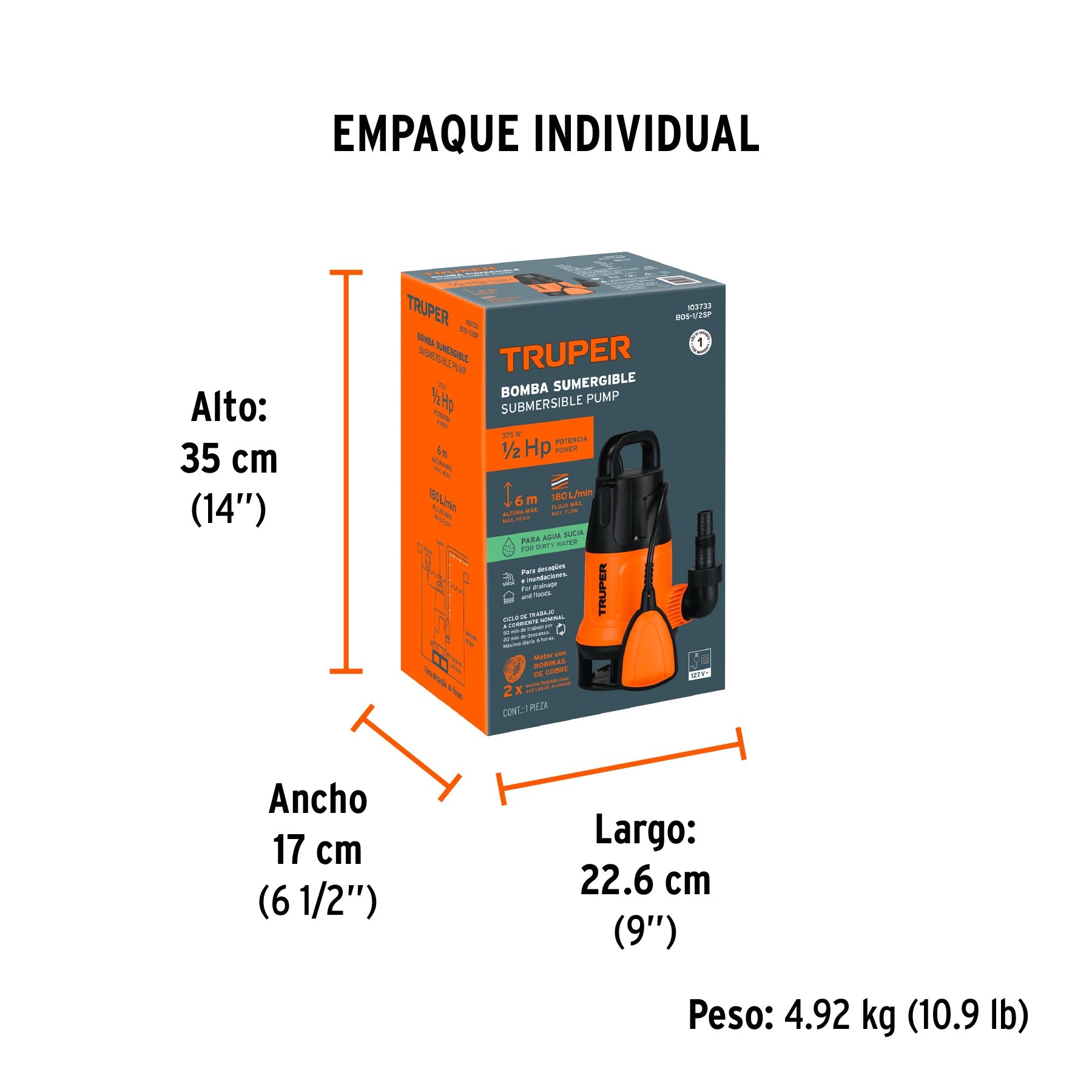 Bomba sumergible plástica, 1/2 HP para agua sucia, TRUPER - Empaque