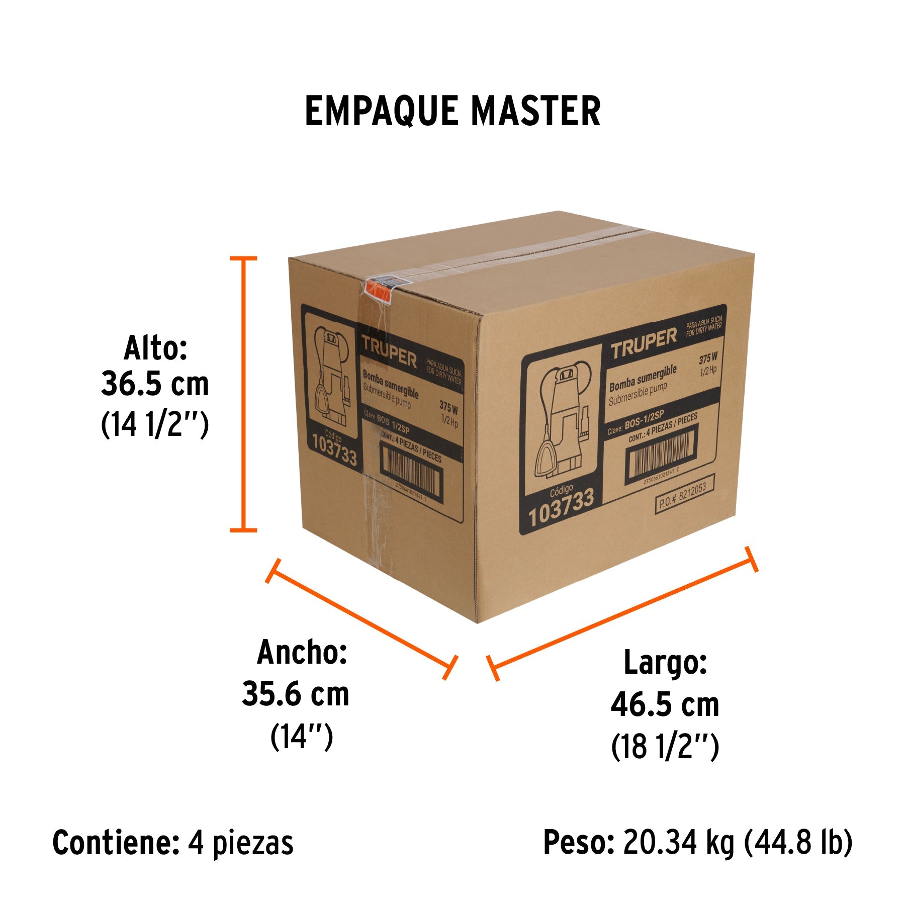 Bomba sumergible plástica, 1/2 HP para agua sucia, TRUPER - Empaque