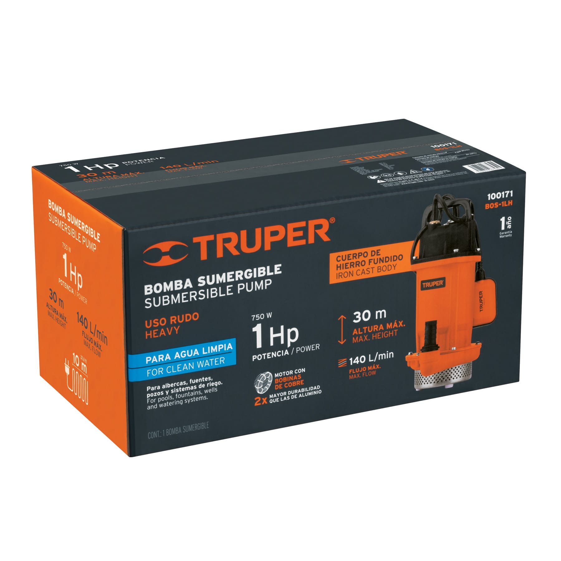 Bomba sumergible hierro fundido, agua limpia, 1 HP, TRUPER
