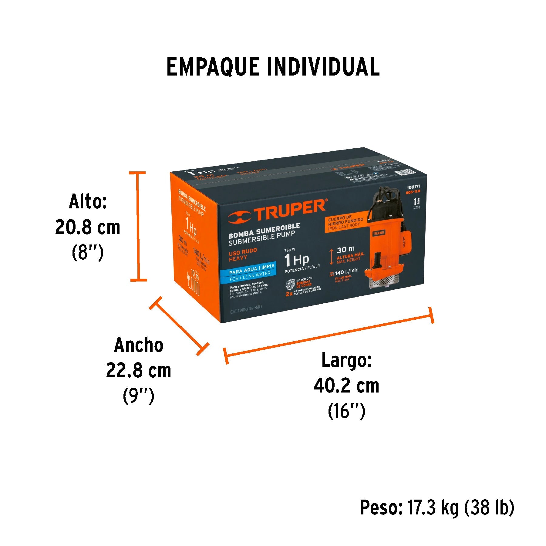 Bomba sumergible hierro fundido, agua limpia, 1 HP, TRUPER - Empaque