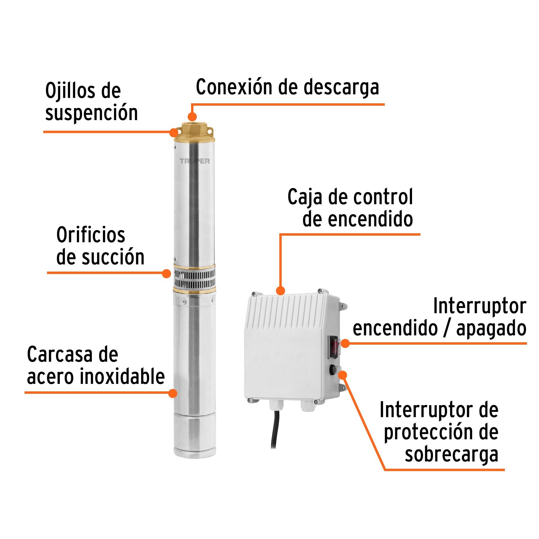 Bomba sumergible tipo bala 4", 1HP,uso agrícola, 220V,TRUPER