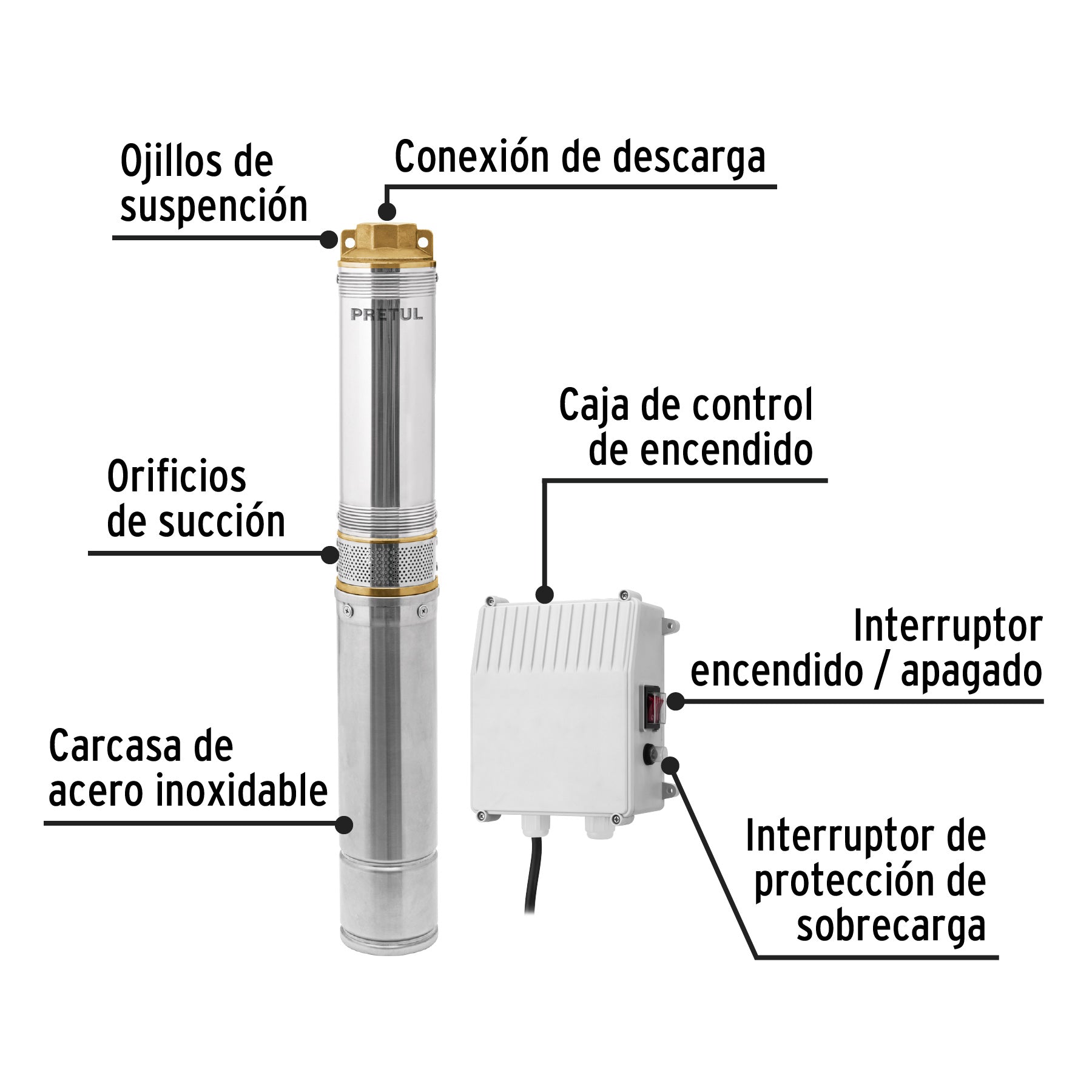 Bomba sumergible tipo bala 4", 1HP, uso agrícola, PRETUL