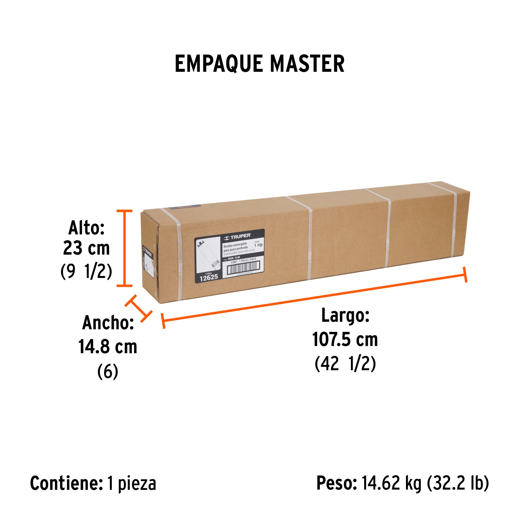 Bomba sumergible tipo bala 4", 1HP, uso agrícola, TRUPER - Empaque