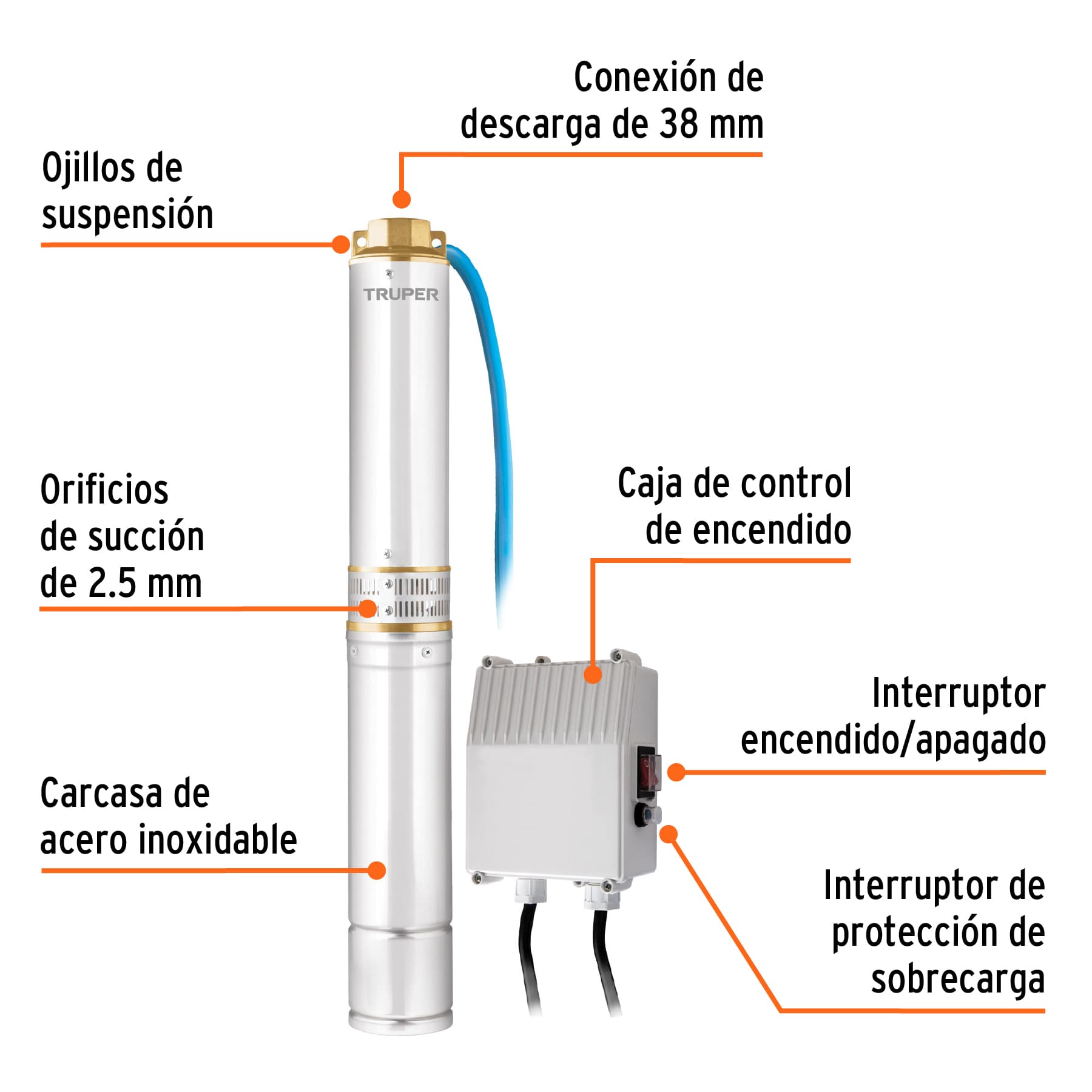 Bomba sumergible tipo bala 4", 1HP, uso agrícola, TRUPER