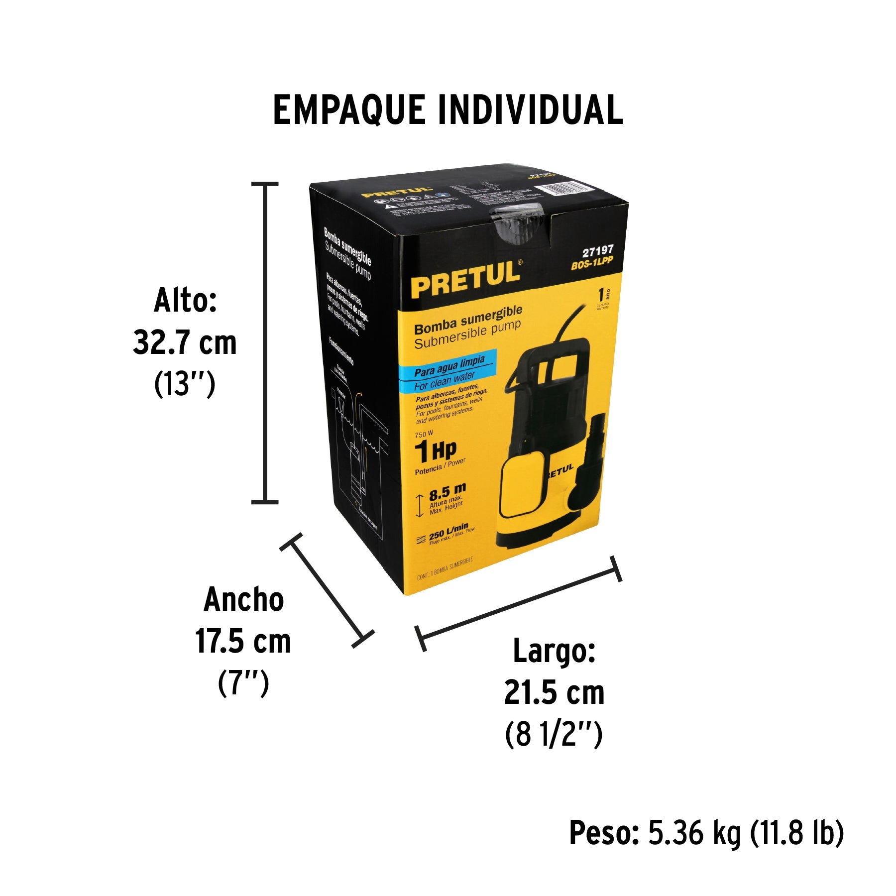 Bomba sumergible plástica, 1 HP para agua limpia, PRETUL - Empaque