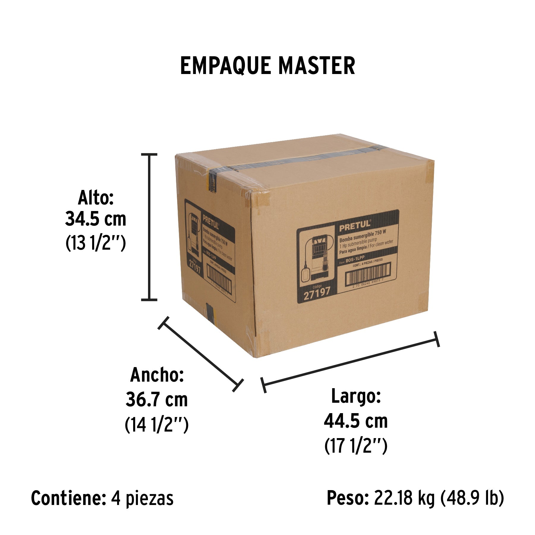 Bomba sumergible plástica, 1 HP para agua limpia, PRETUL - Empaque