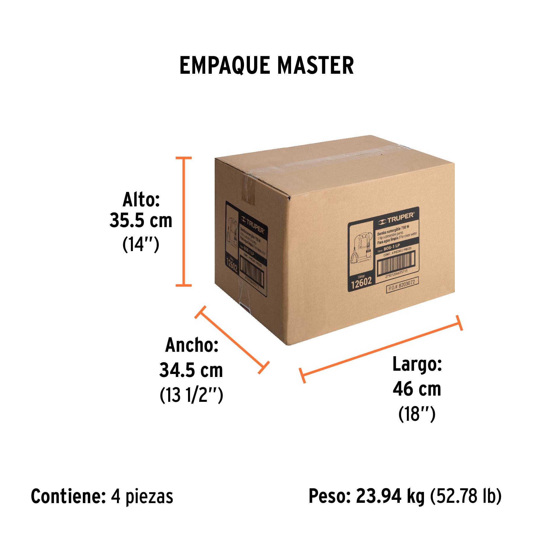 Bomba sumergible plástica, 1 HP para agua limpia, TRUPER - Empaque