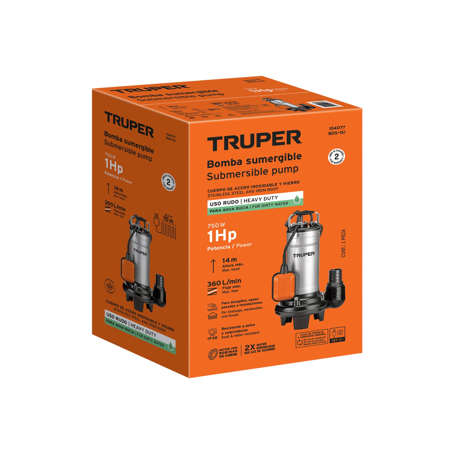 Bomba sumergible, 1 HP acero inox/hierro, para agua sucia