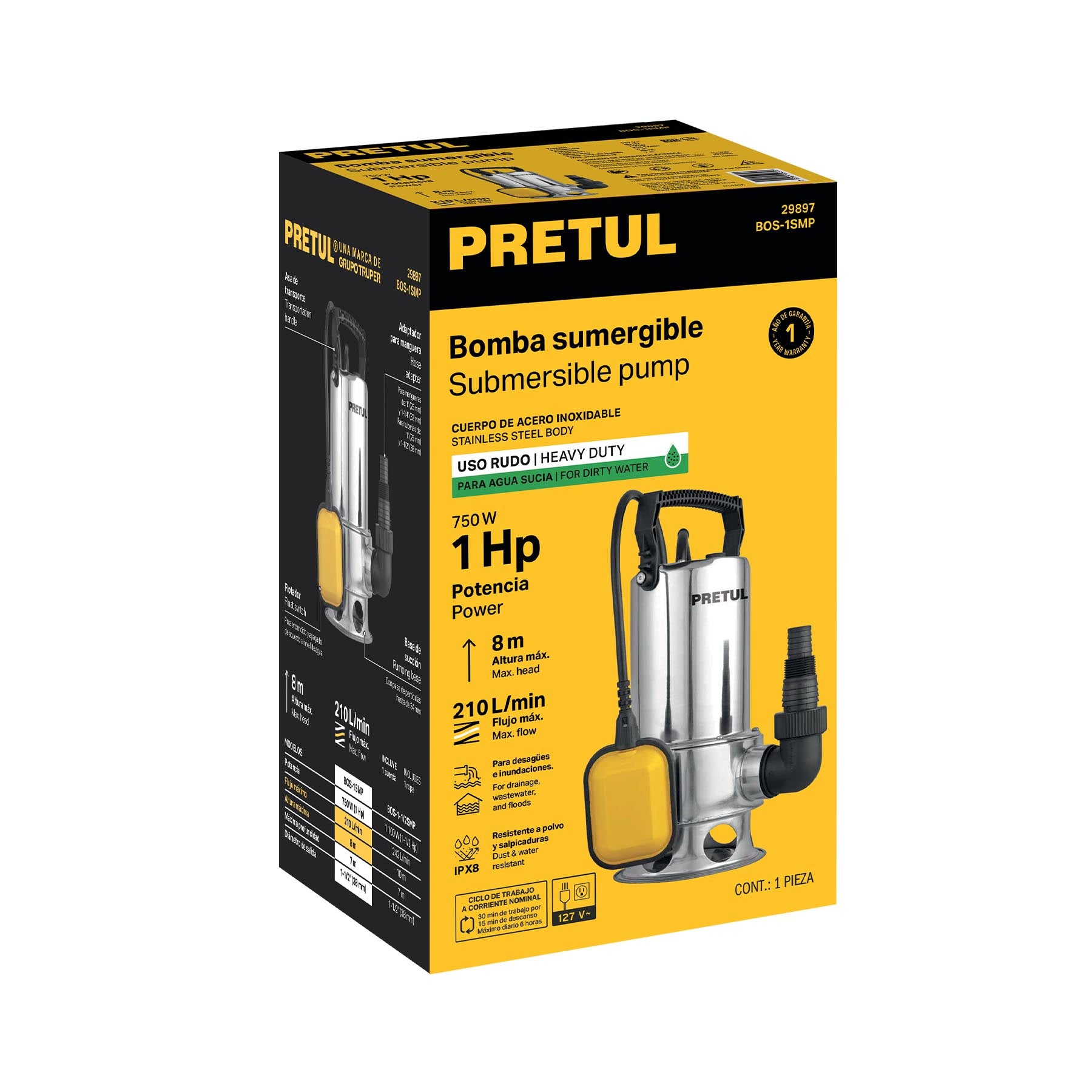 Bomba sumergible acero inoxidable, agua sucia, 1HP, PRETUL