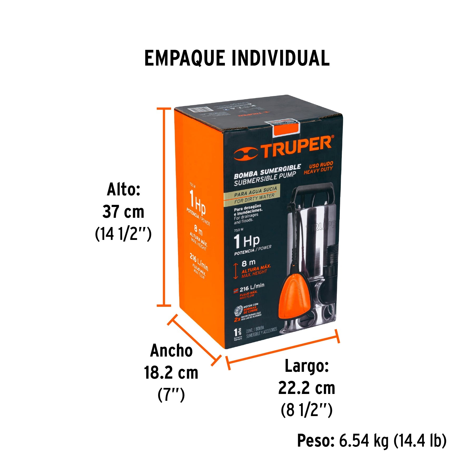 Bomba sumergible acero inoxidable, agua sucia, 1 HP, TRUPER - Empaque