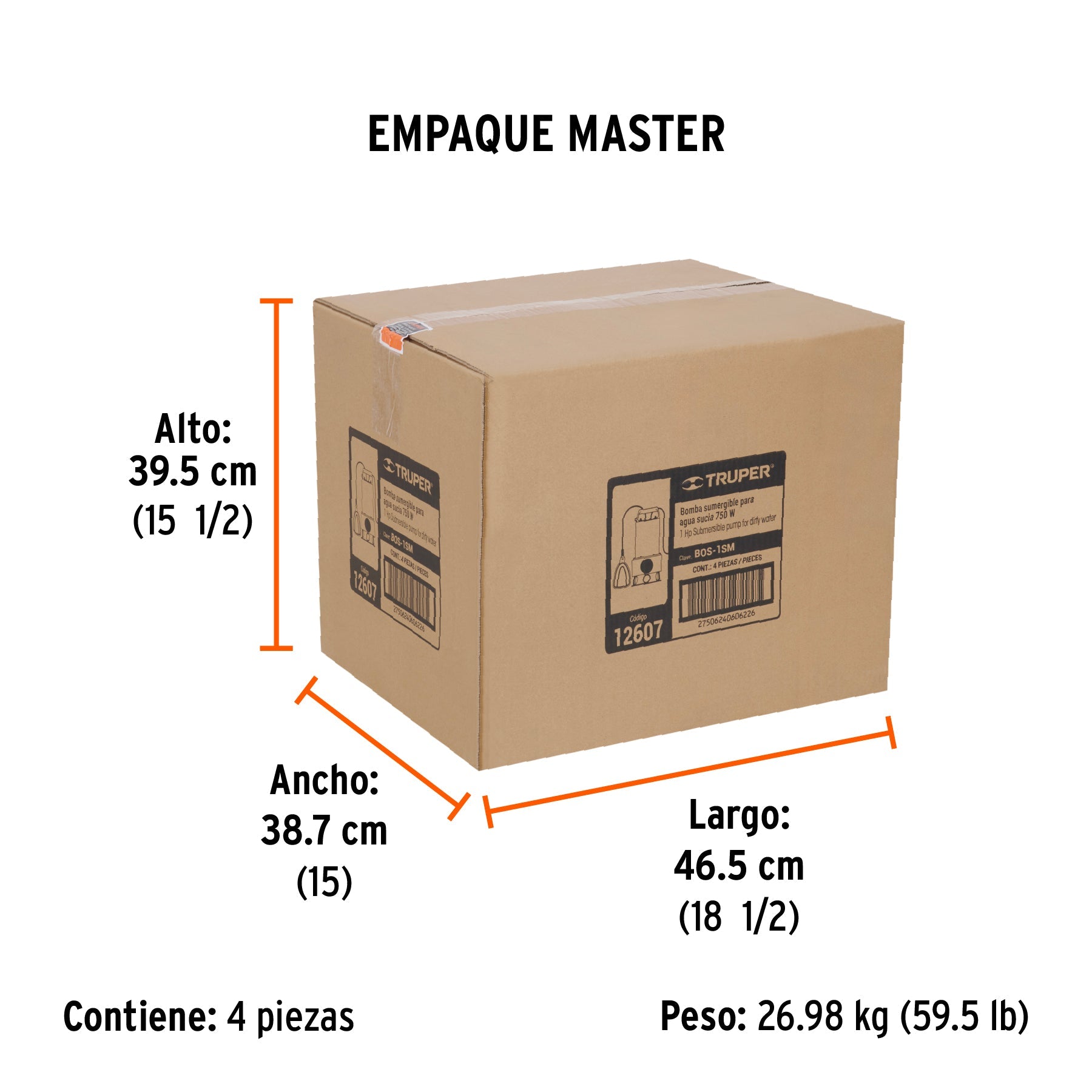 Bomba sumergible acero inoxidable, agua sucia, 1 HP, TRUPER - Empaque