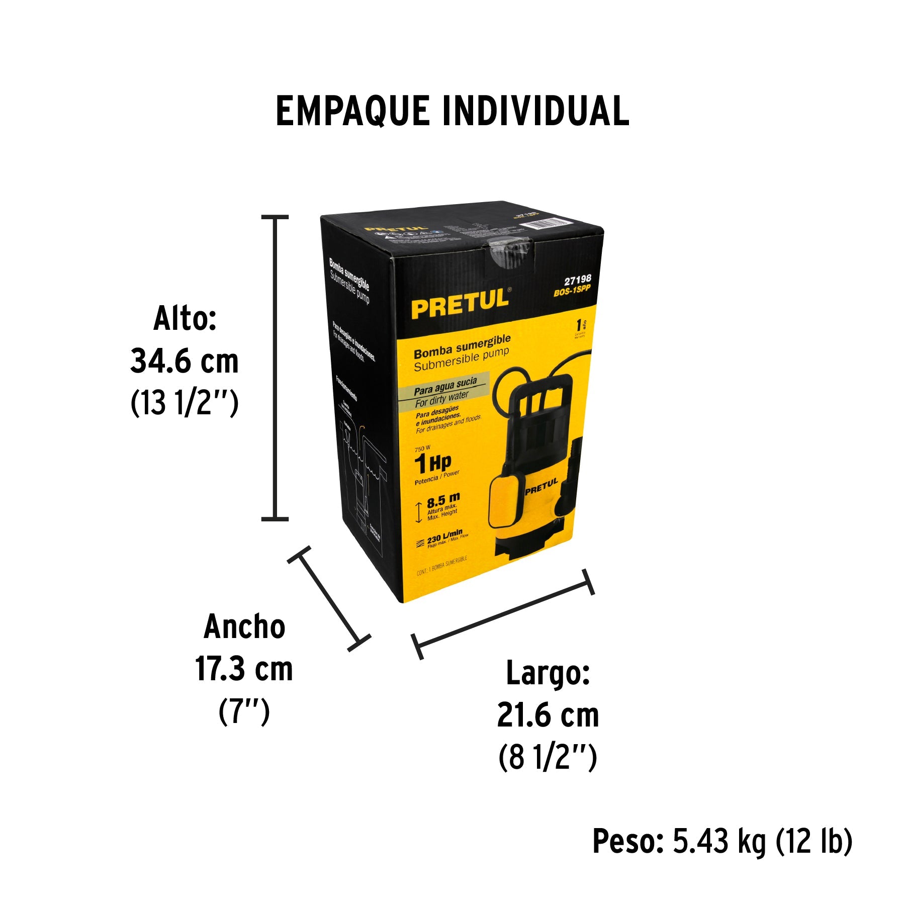 Bomba sumergible plástica, 1 HP para agua sucia, PRETUL - Empaque