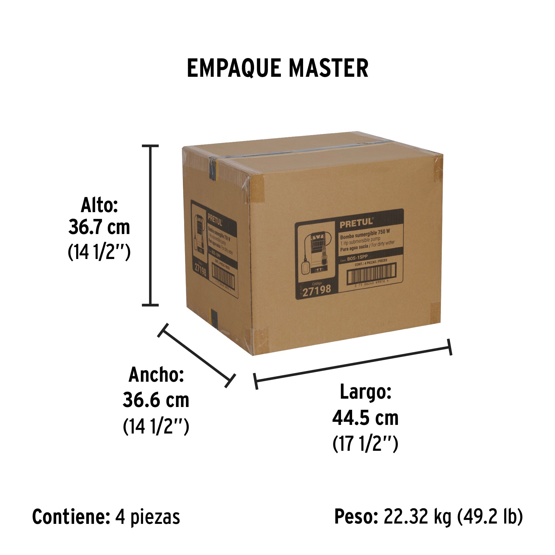 Bomba sumergible plástica, 1 HP para agua sucia, PRETUL - Empaque