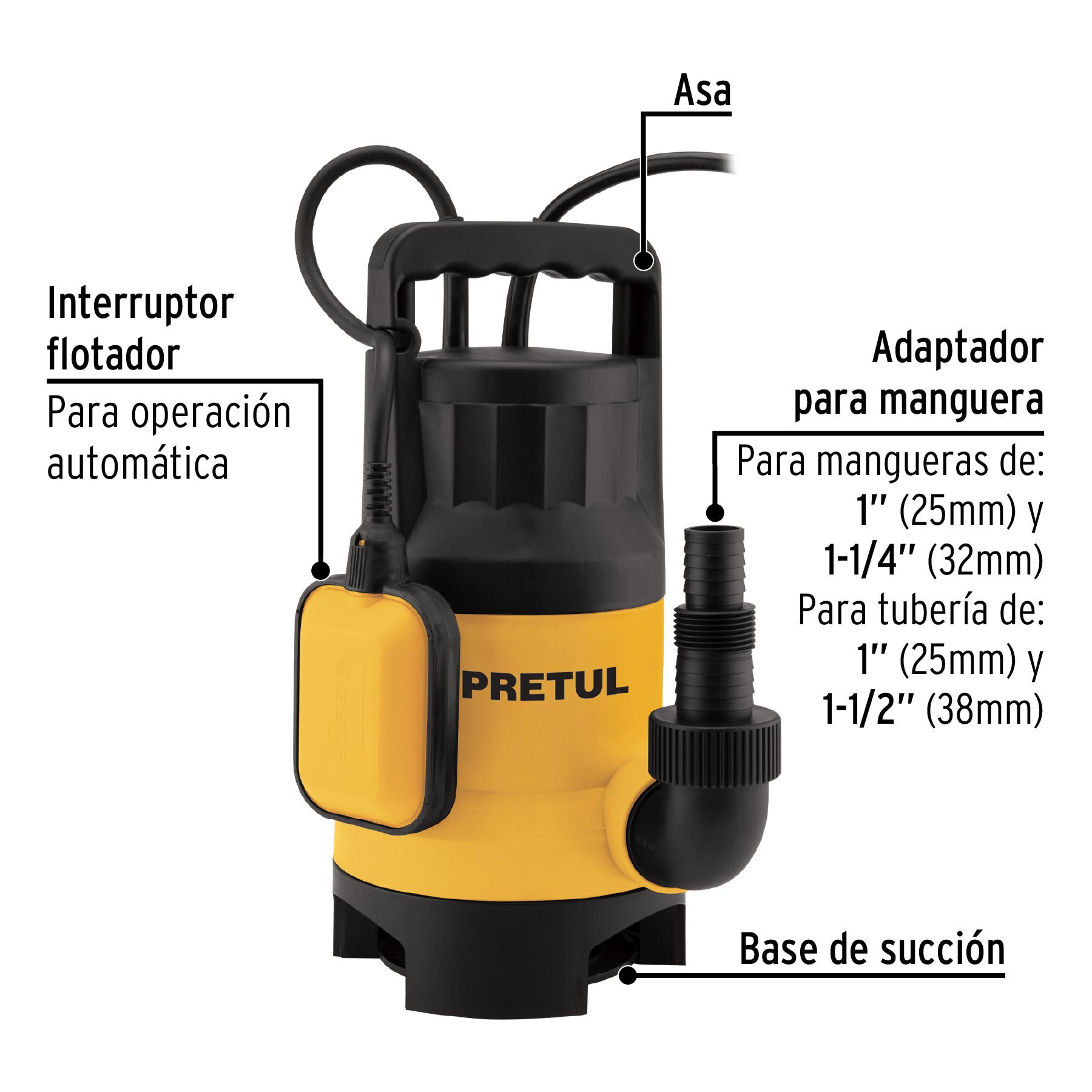 Bomba sumergible plástica, 1 HP para agua sucia, PRETUL