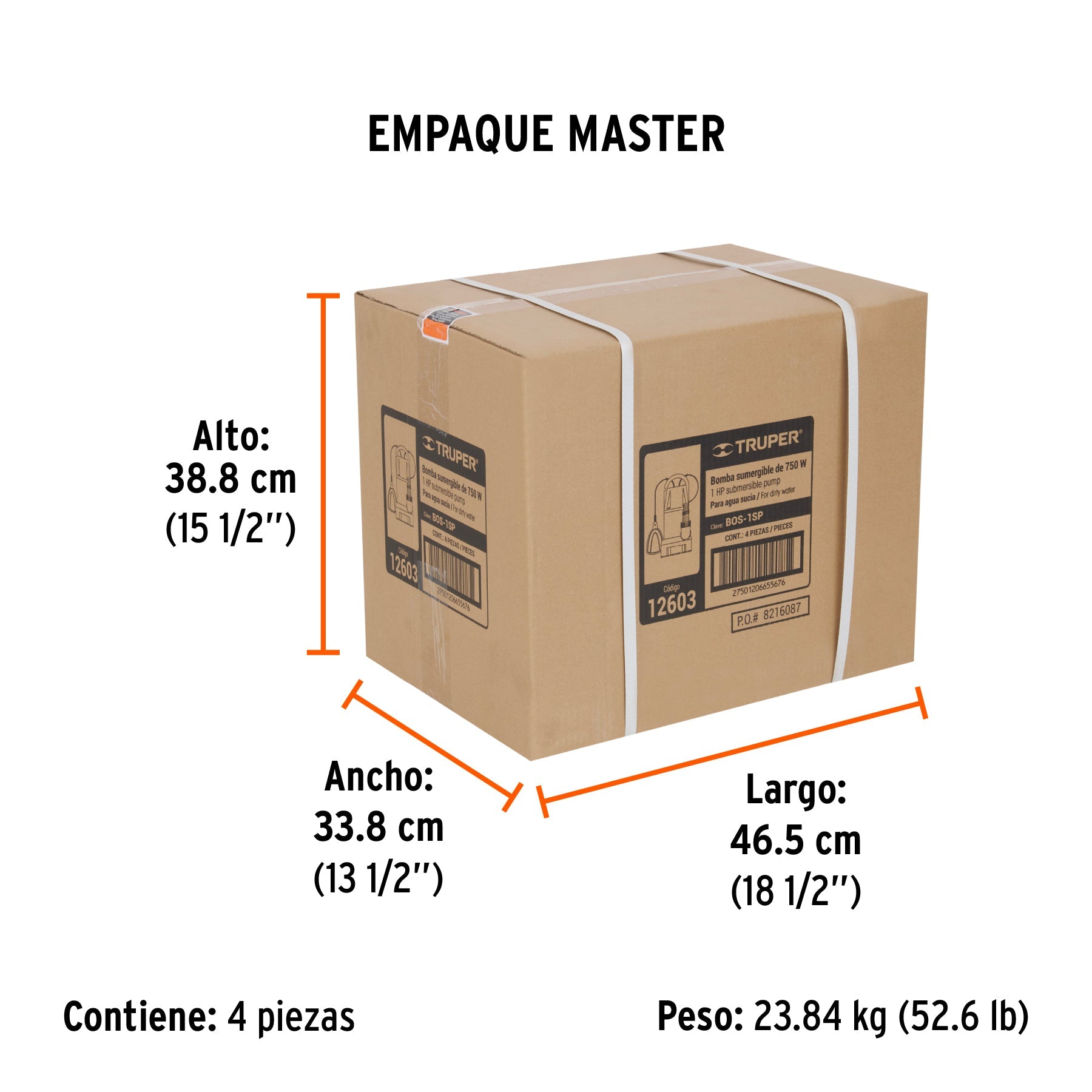 Bomba sumergible plástica, 1 HP para agua sucia, TRUPER - Empaque