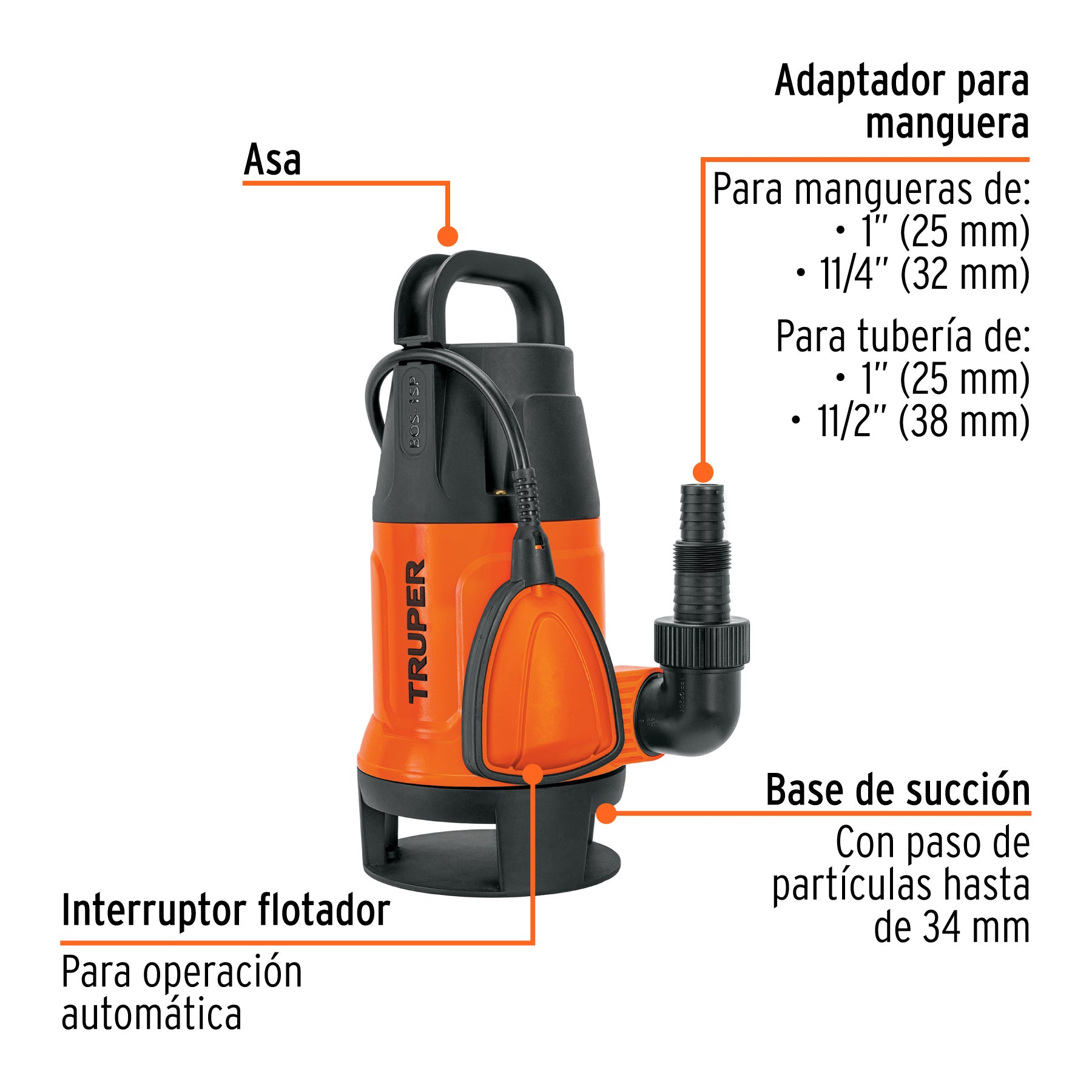 Bomba sumergible plástica, 1 HP para agua sucia, TRUPER