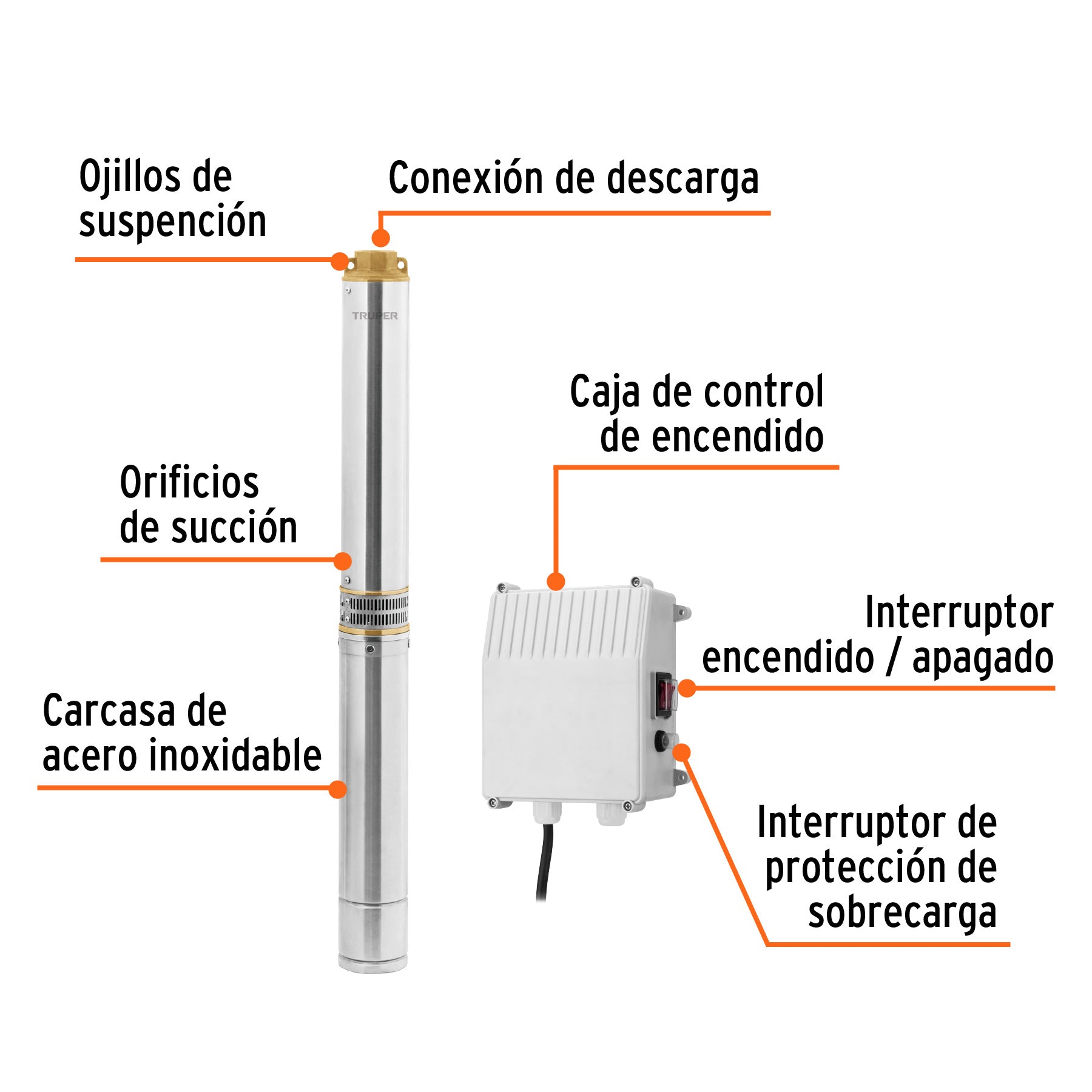 Bomba sumergible tipo bala 4", 2HP,uso agrícola, 220V,TRUPER