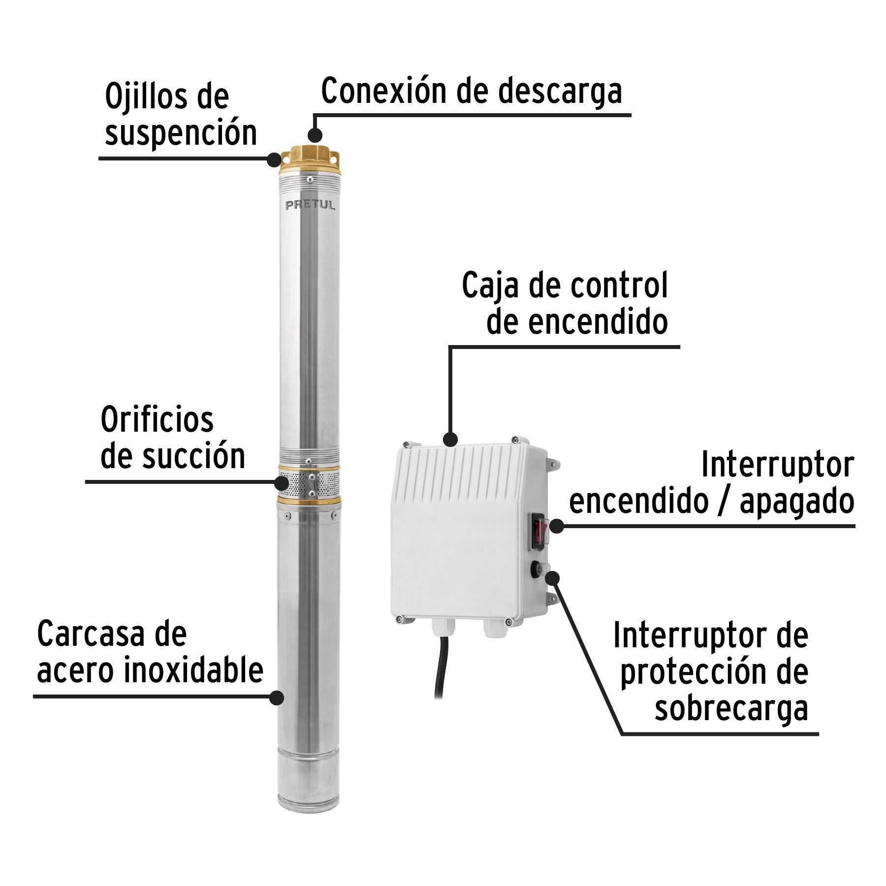Bomba sumergible tipo bala 4", 2HP, uso agrícola, PRETUL