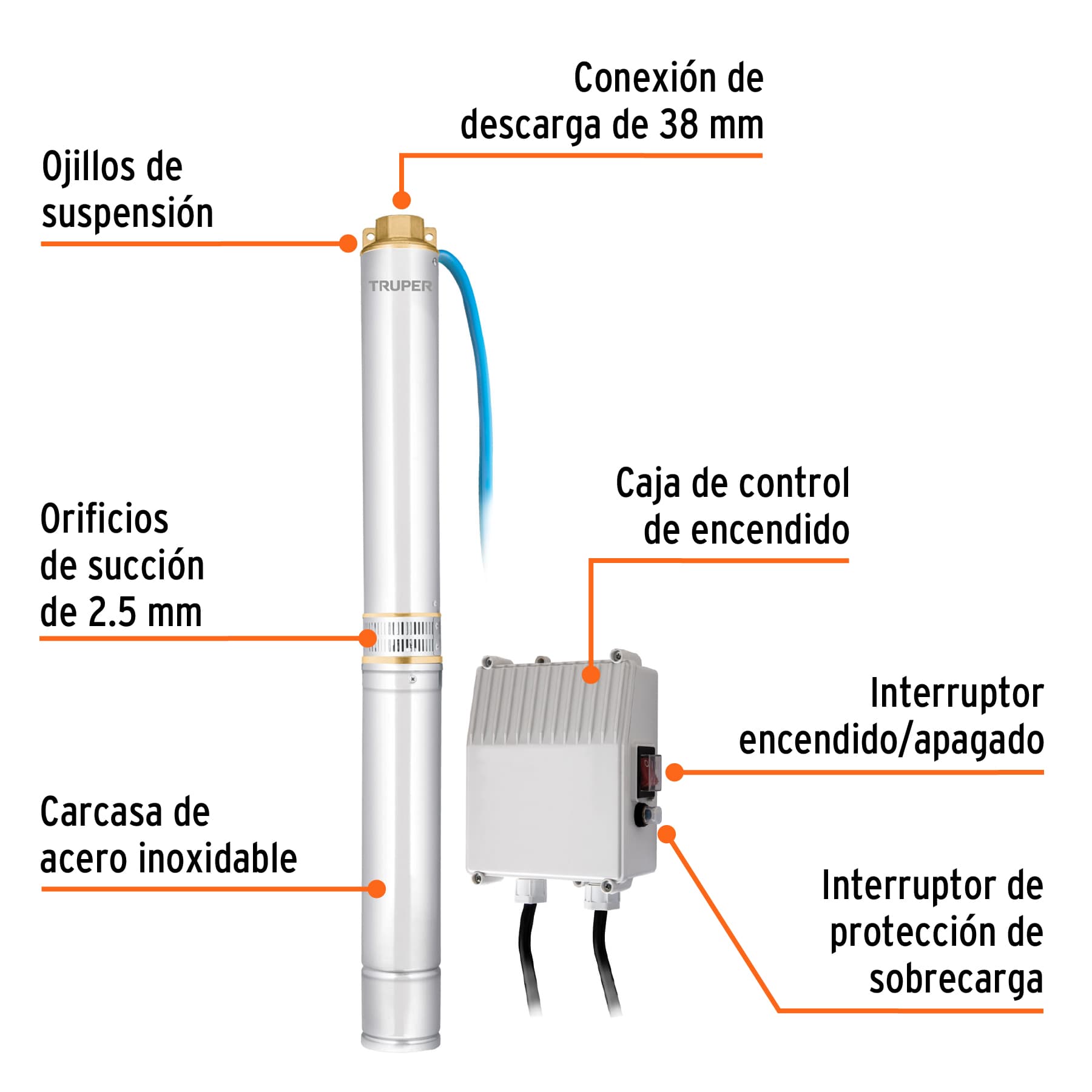Bomba sumergible tipo bala 4", 2HP, uso agrícola, TRUPER