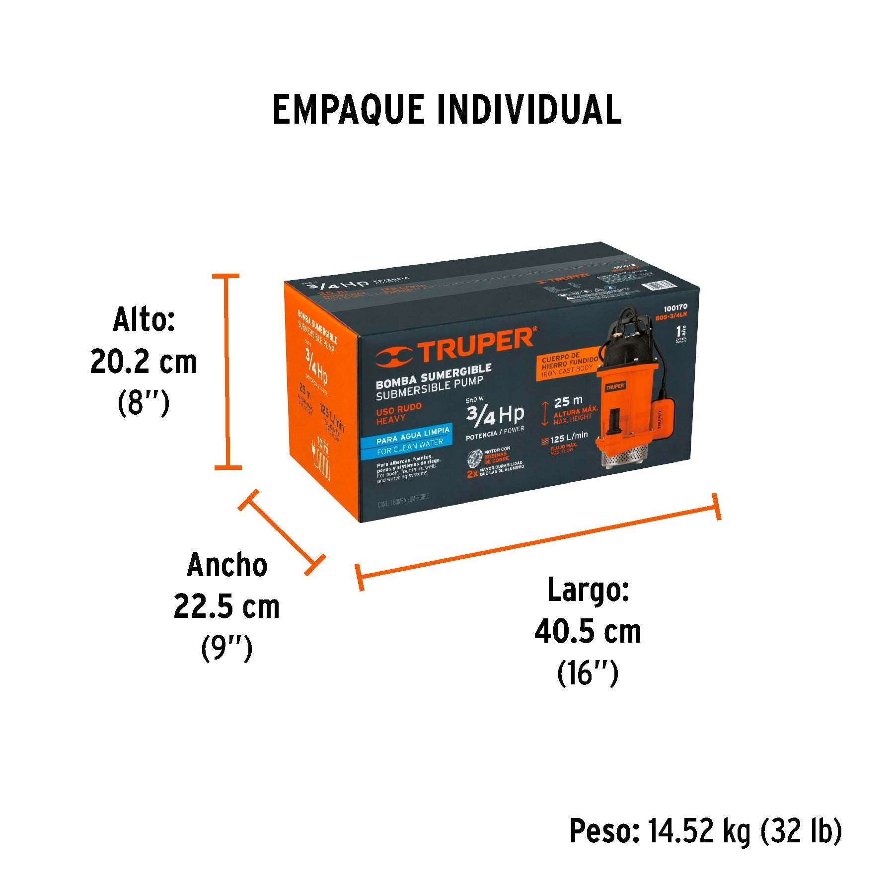 Bomba sumergible hierro fundido, agua limpia, 3/4 HP, TRUPER - Empaque