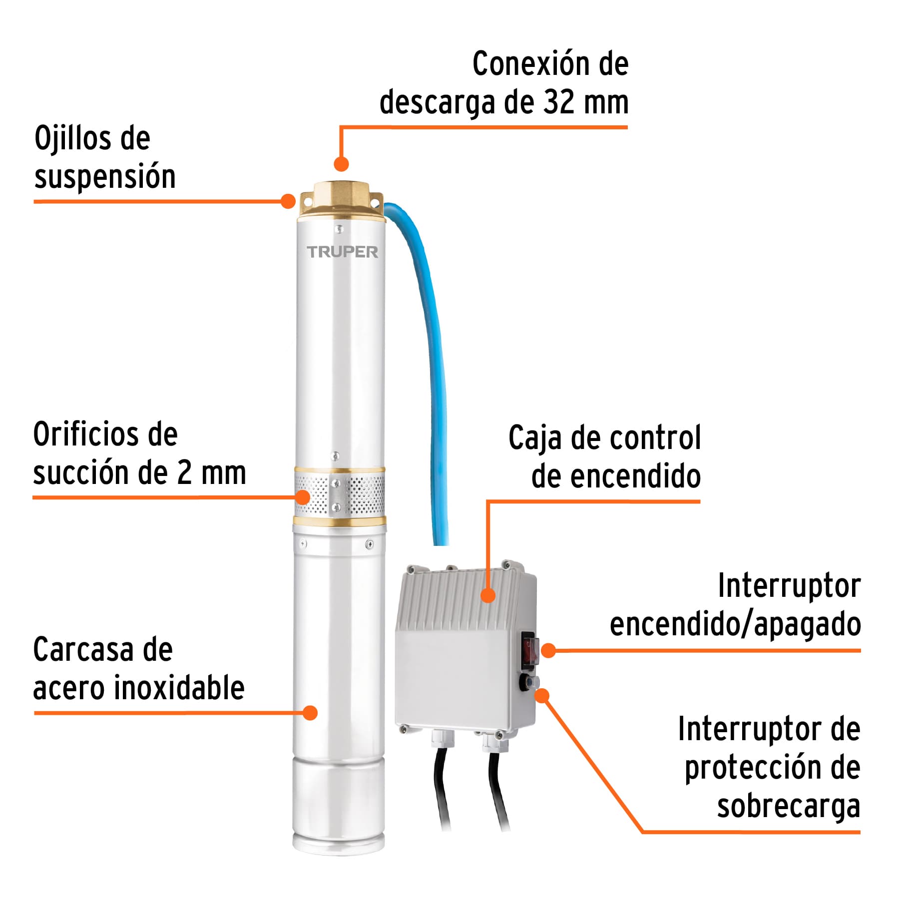 Bomba sumergible tipo bala 4", 3/4HP, uso agrícola, TRUPER