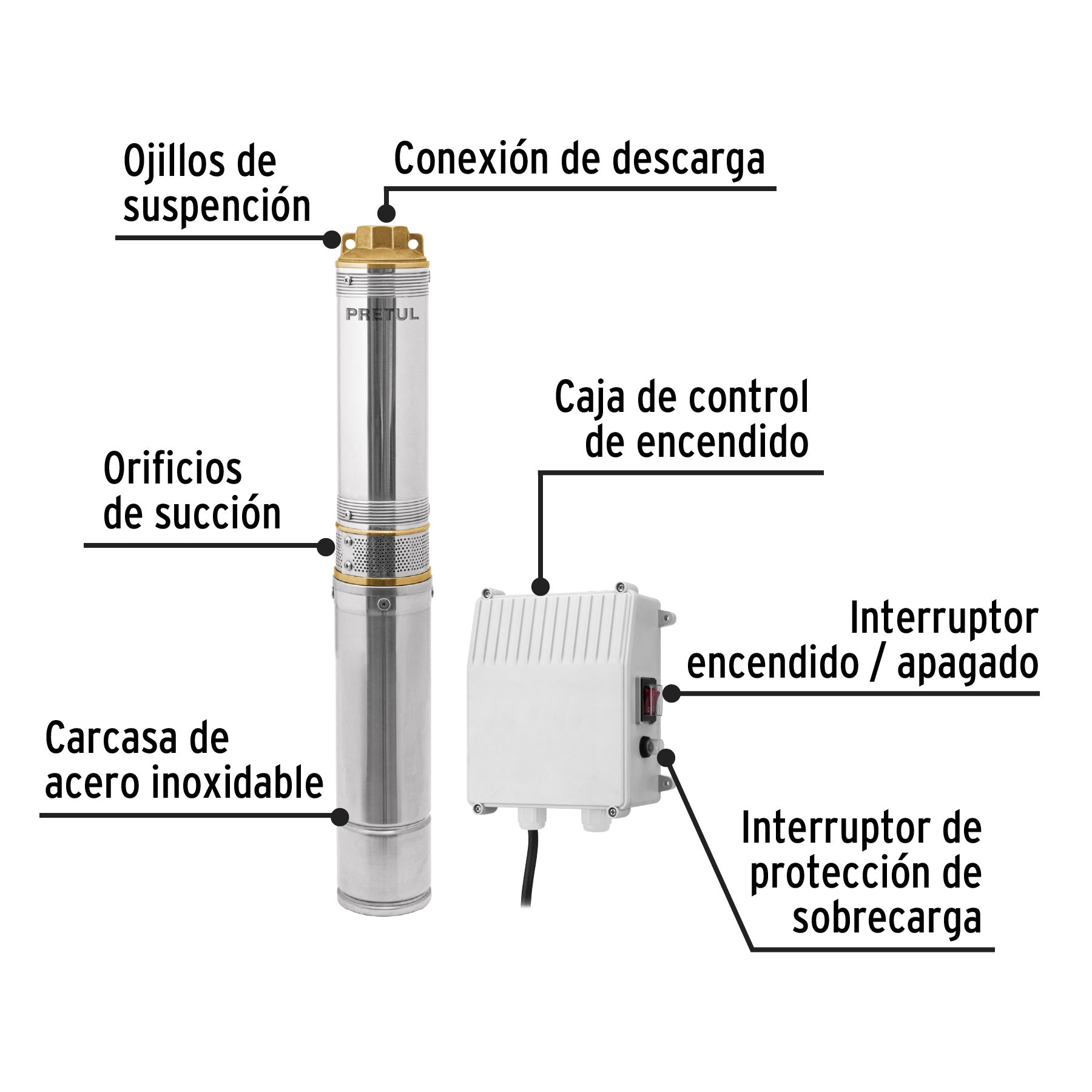Bomba sumergible tipo bala 4", 3/4HP, uso agrícola, PRETUL