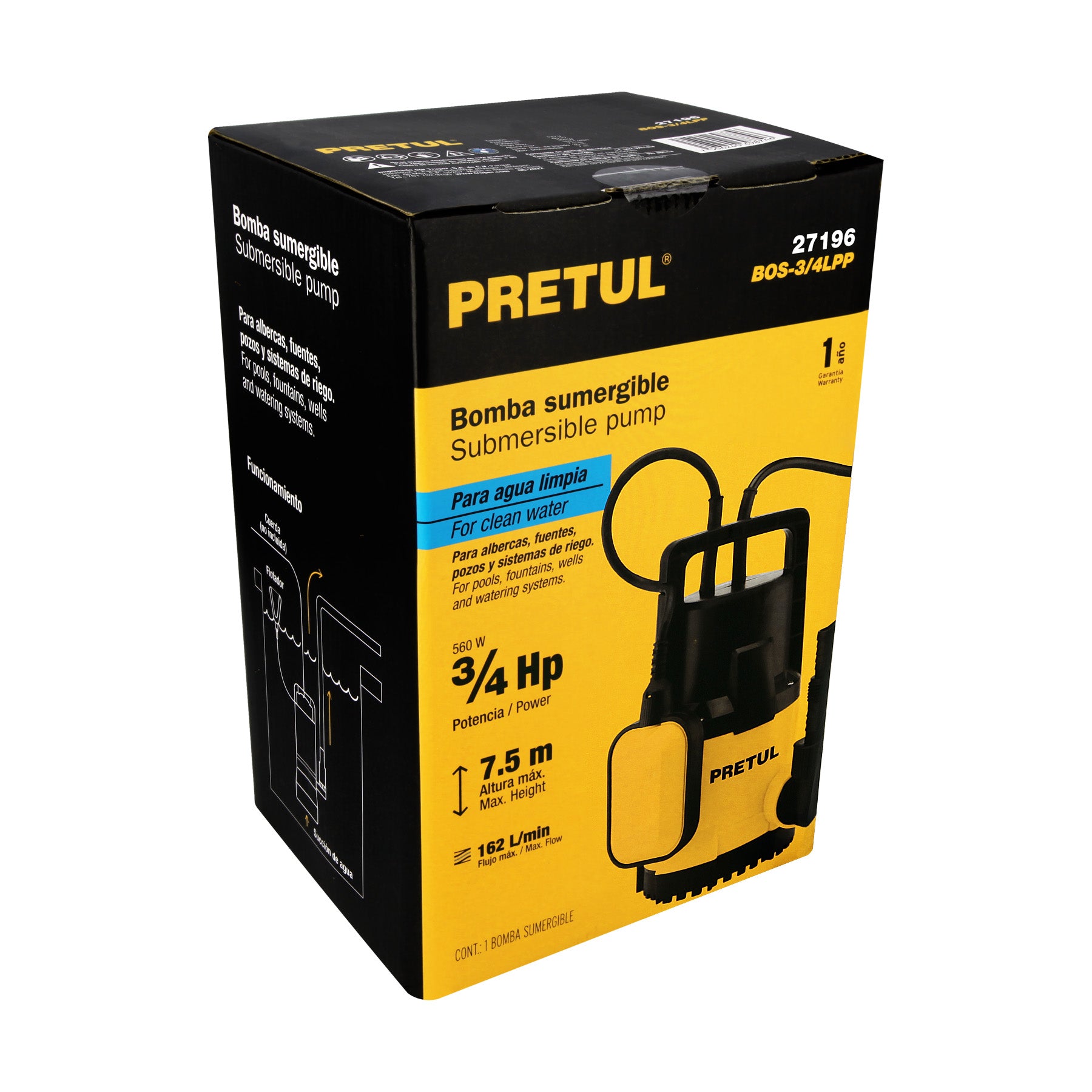 Bomba sumergible plástica, 3/4 HP para agua limpia, PRETUL