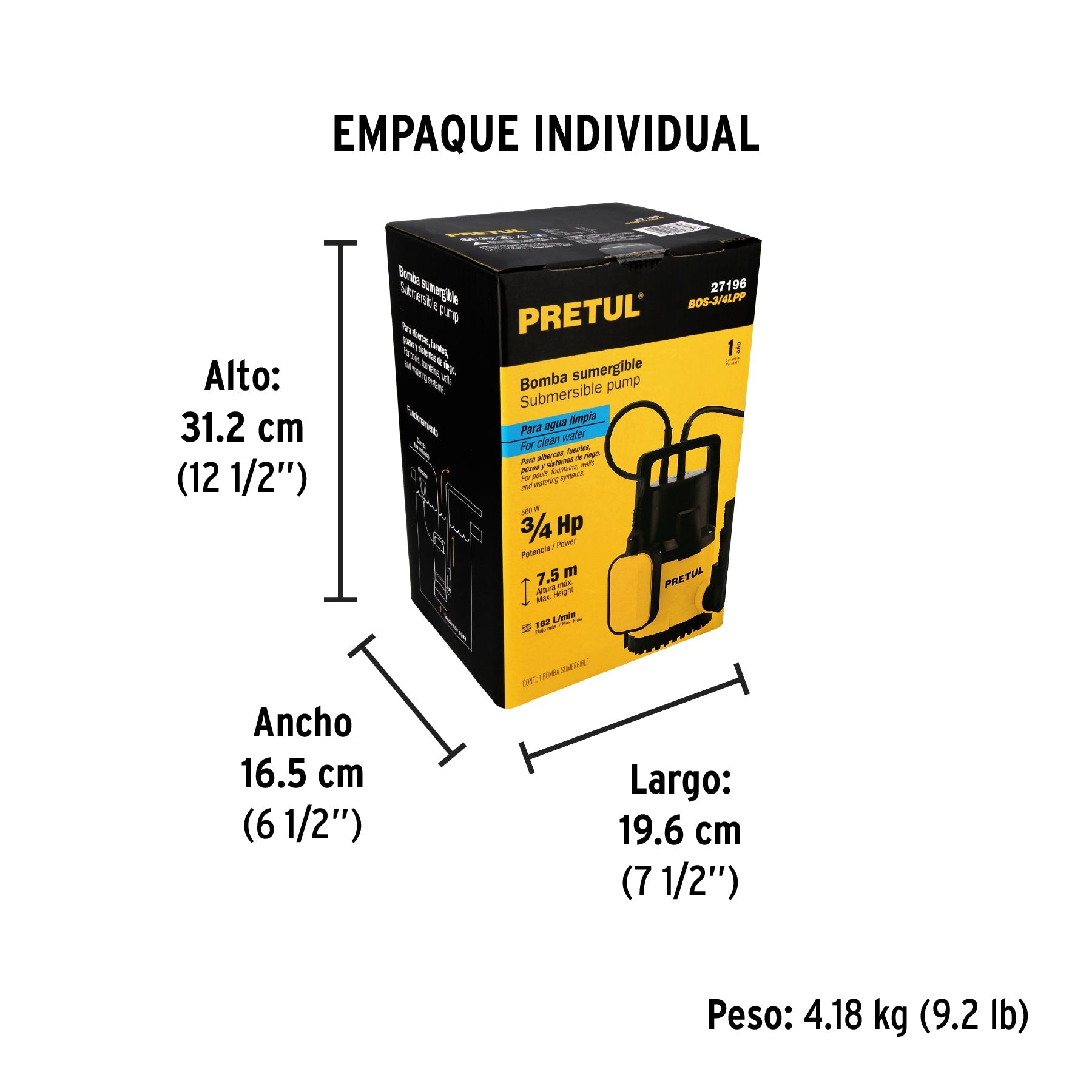 Bomba sumergible plástica, 3/4 HP para agua limpia, PRETUL - Empaque