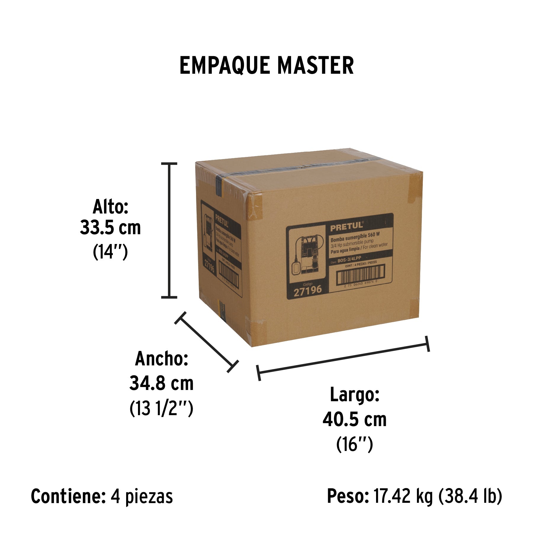 Bomba sumergible plástica, 3/4 HP para agua limpia, PRETUL - Empaque