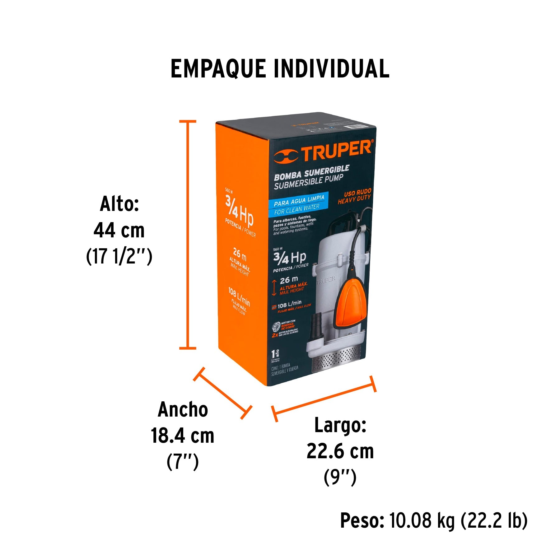 Bomba sumergible cubierta aluminio,agua limpia,3/4HP, TRUPER - Empaque