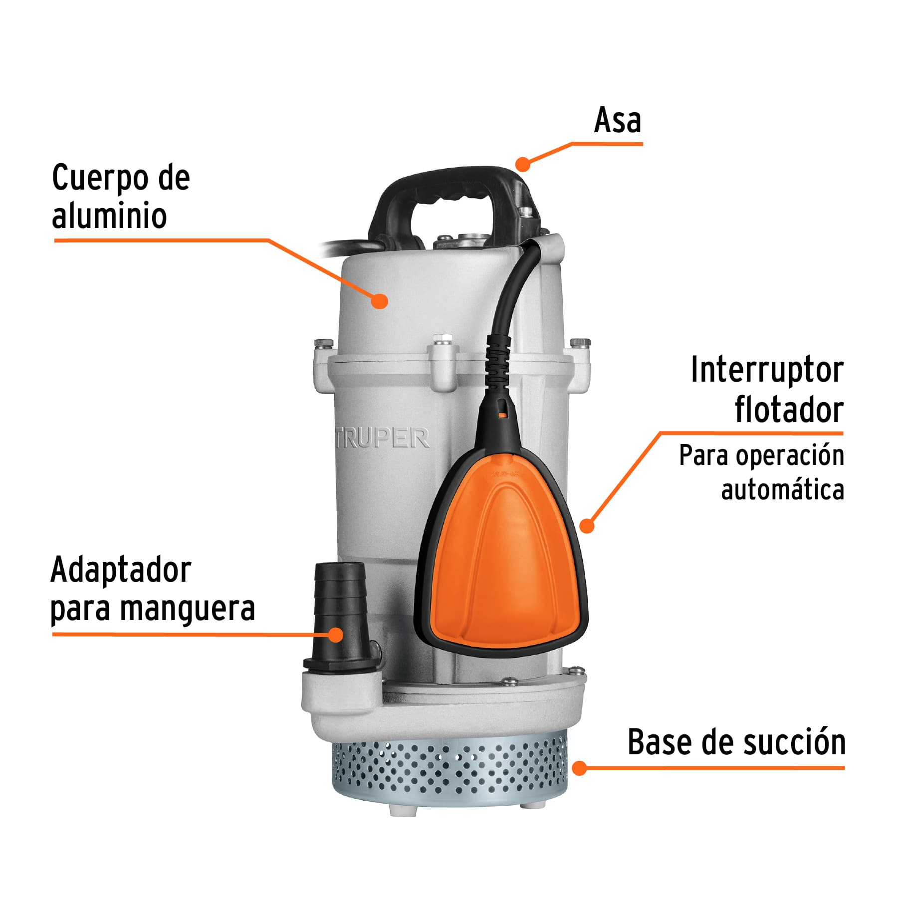Bomba sumergible cubierta aluminio,agua limpia,3/4HP, TRUPER