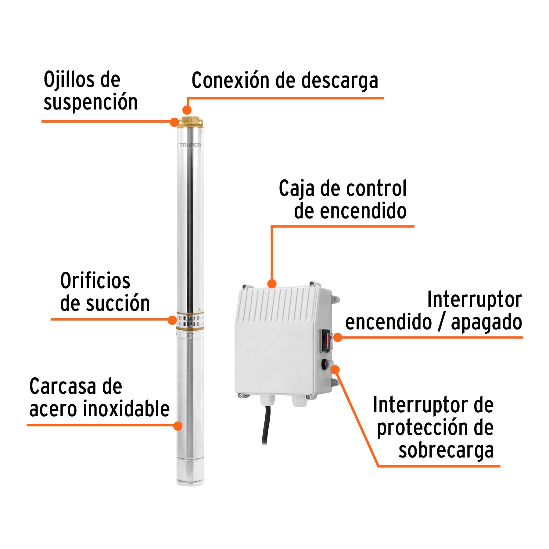 Bomba sumergible tipo bala 4", 3HP,uso agrícola, 220V,TRUPER
