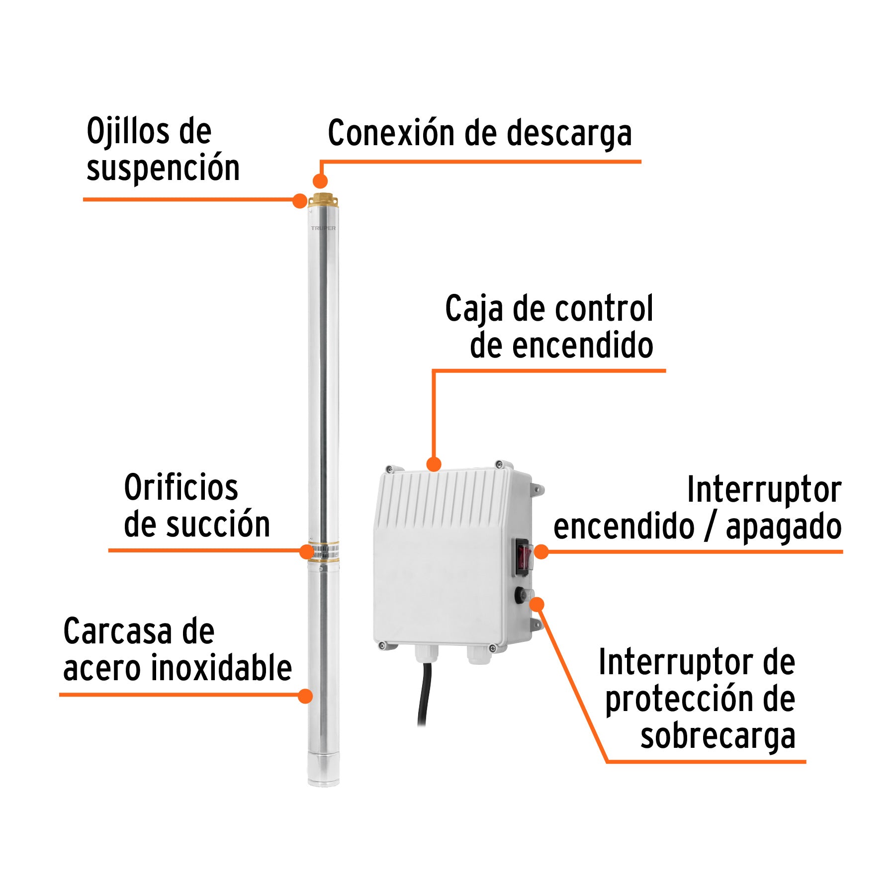 Bomba sumergible tipo bala 4", 5-1/2HP,agrícola, 220V,TRUPER
