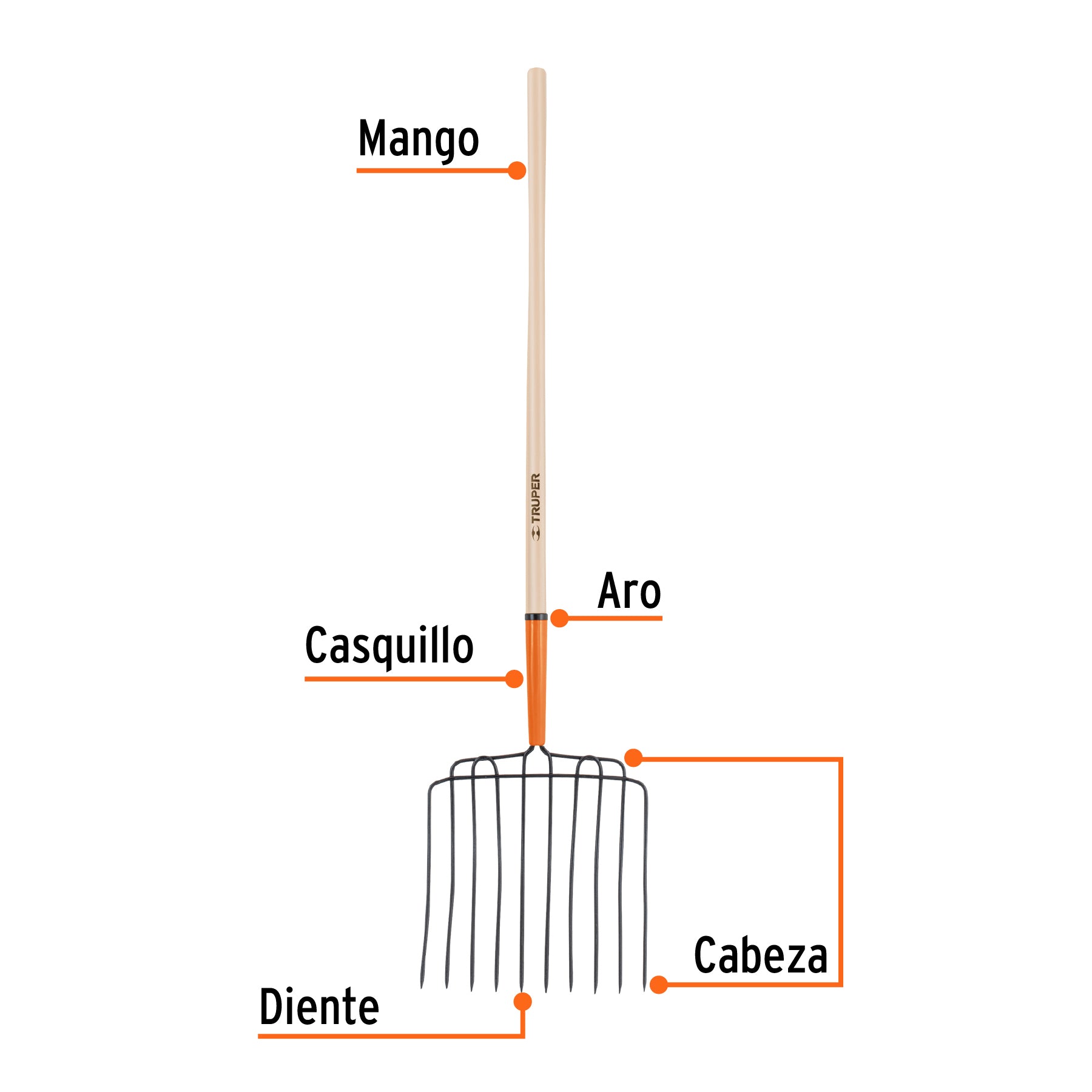 Bieldo para estiércol, 10 dientes, mango 48", cabeza soldada