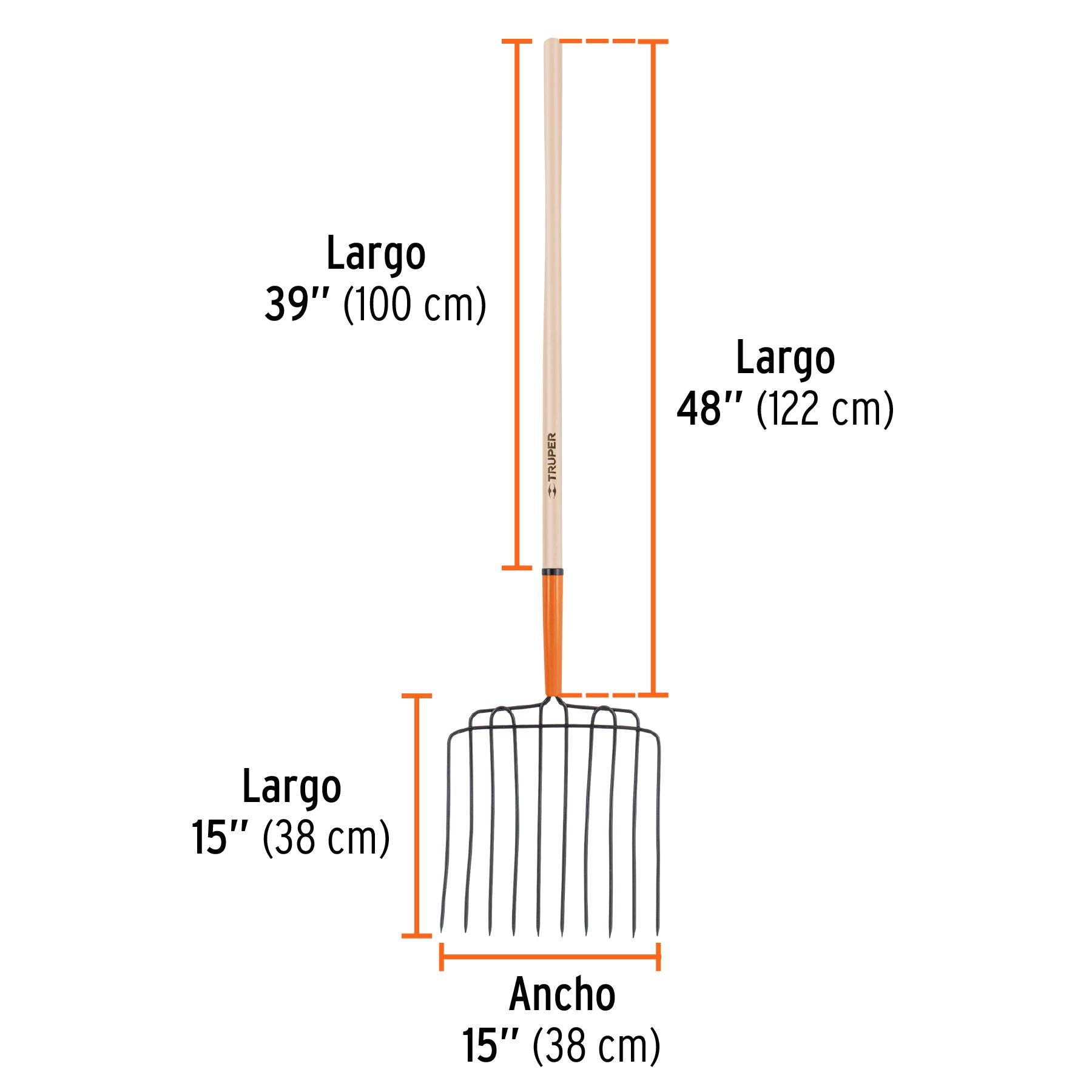 Bieldo para estiércol, 10 dientes, mango 48", cabeza soldada