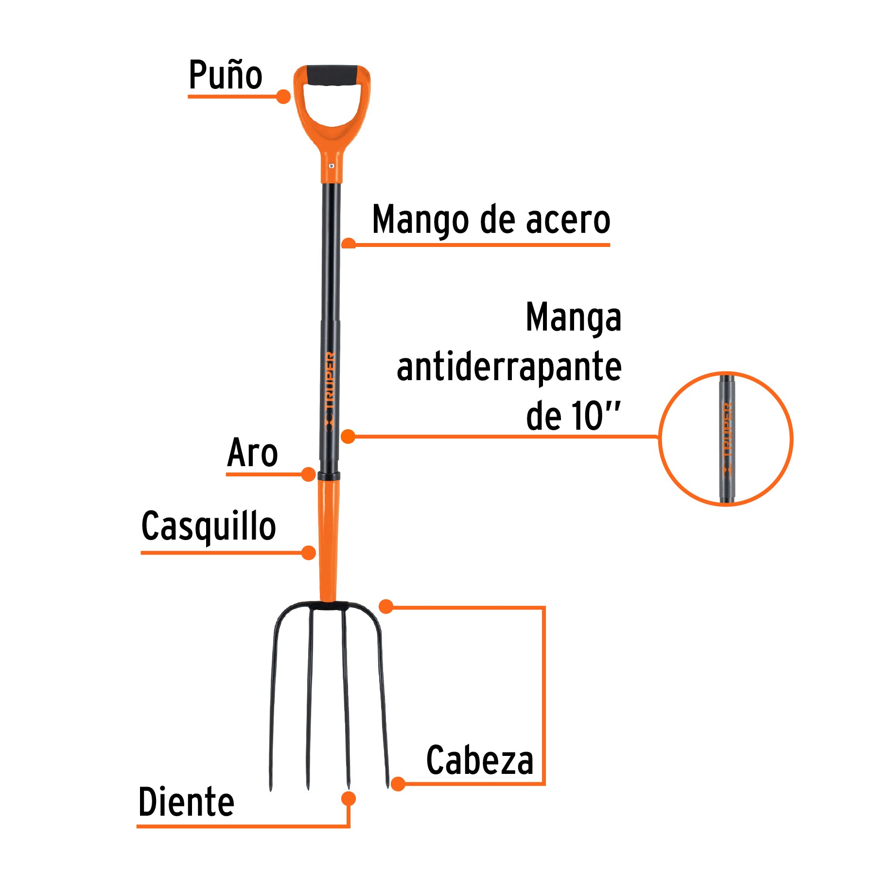 Bieldo para paja, 4 dientes, mgo de acero 37",puño"Y" TRUPER