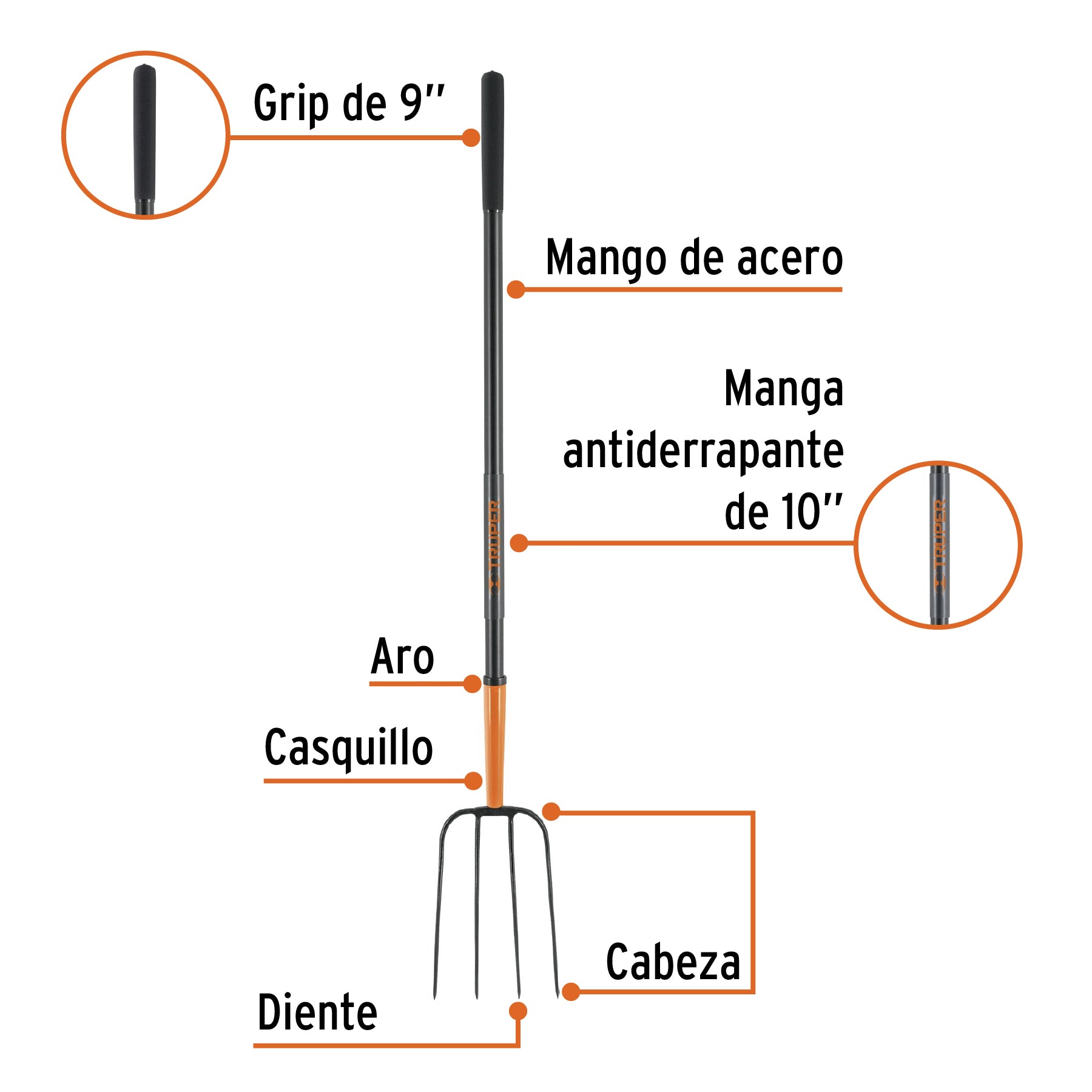 Bieldo para paja, 4 dientes, mango largo de acero 48" TRUPER