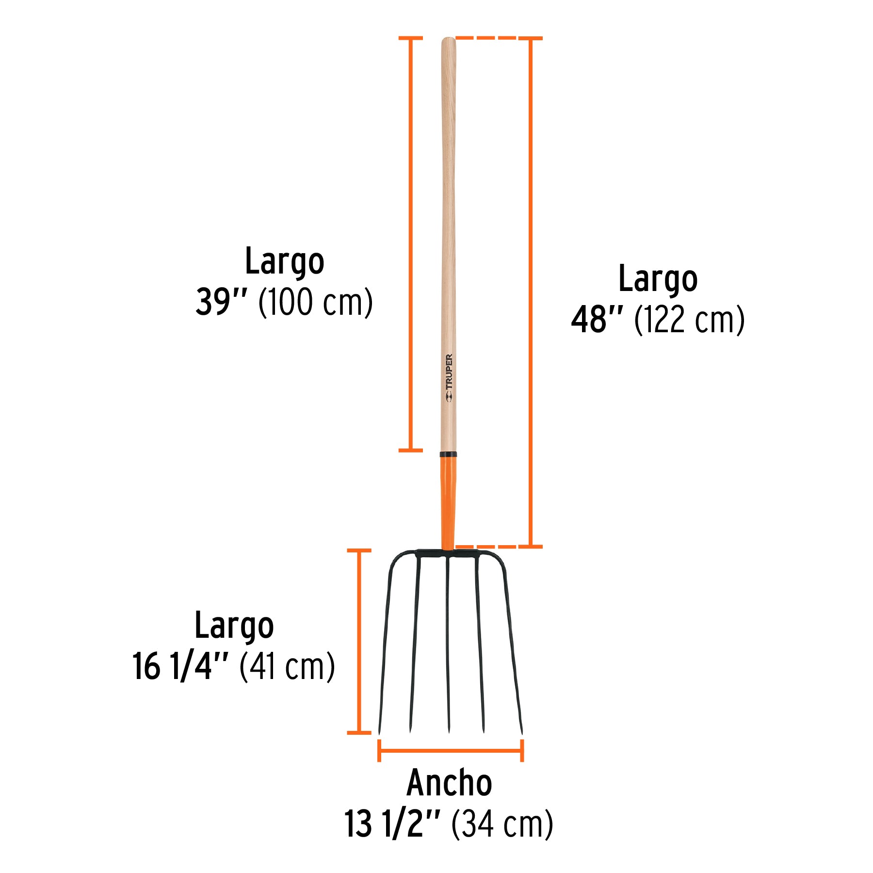 Bieldo para paja, 5 dientes, mango largo 48", cabeza grande