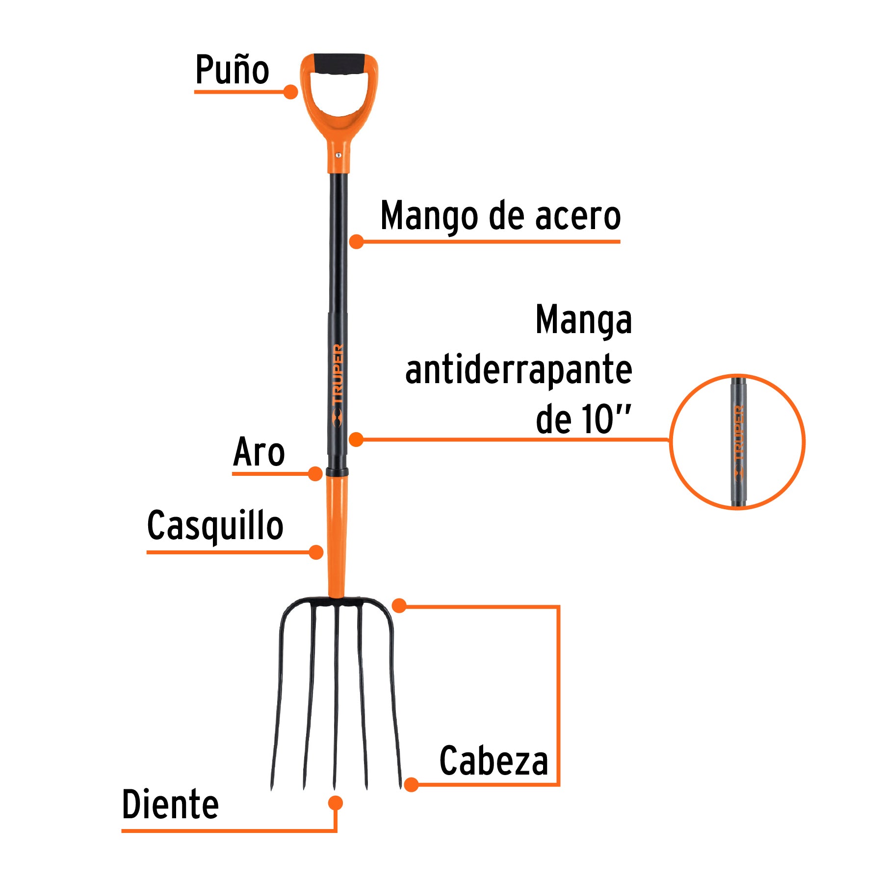 Bieldo para paja, 5 dientes, mgo de acero 37",puño"Y" TRUPER
