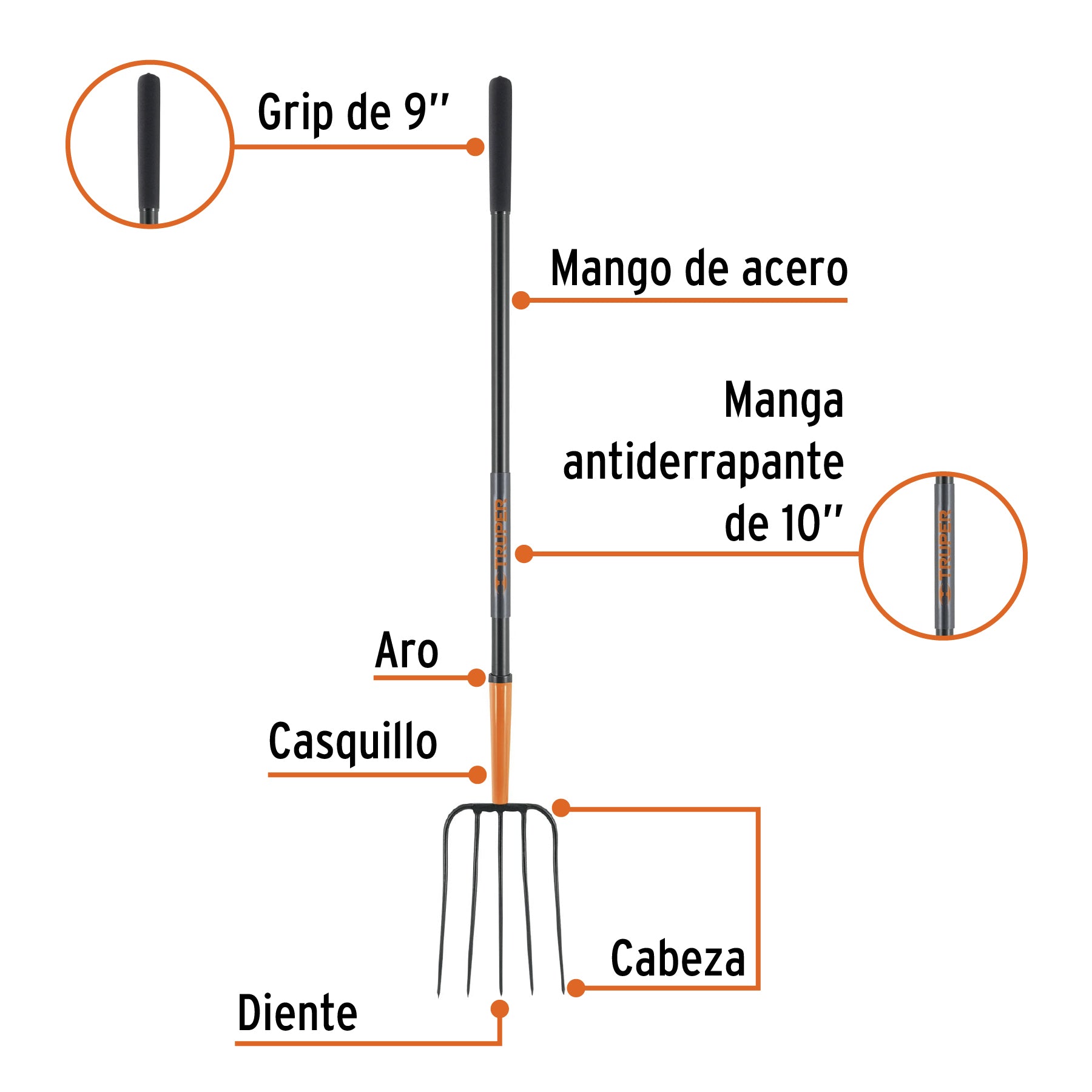Bieldo para paja, 5 dientes, mango largo de acero 48" TRUPER