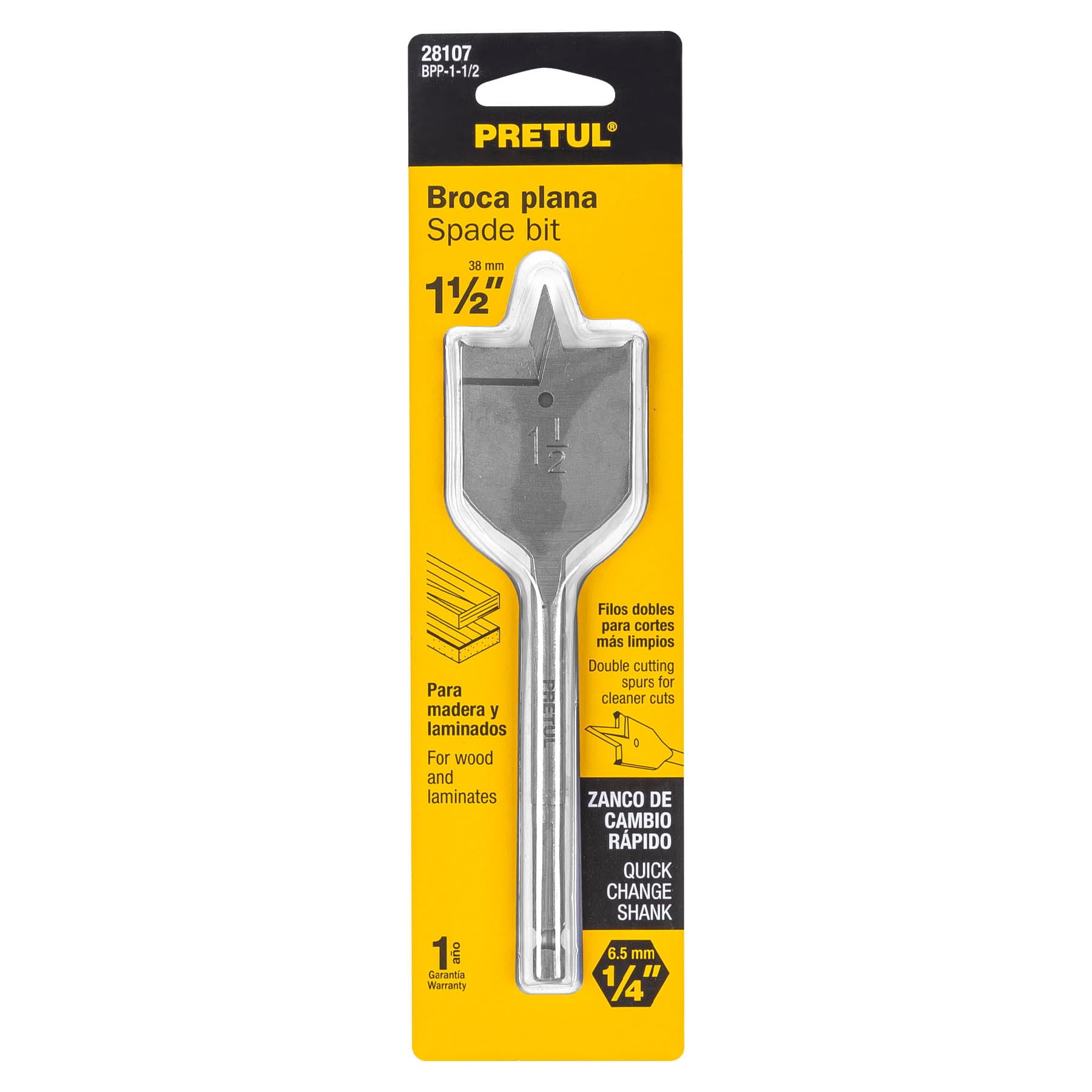 Broca plana de manita 1-1/2" para madera, PRETUL