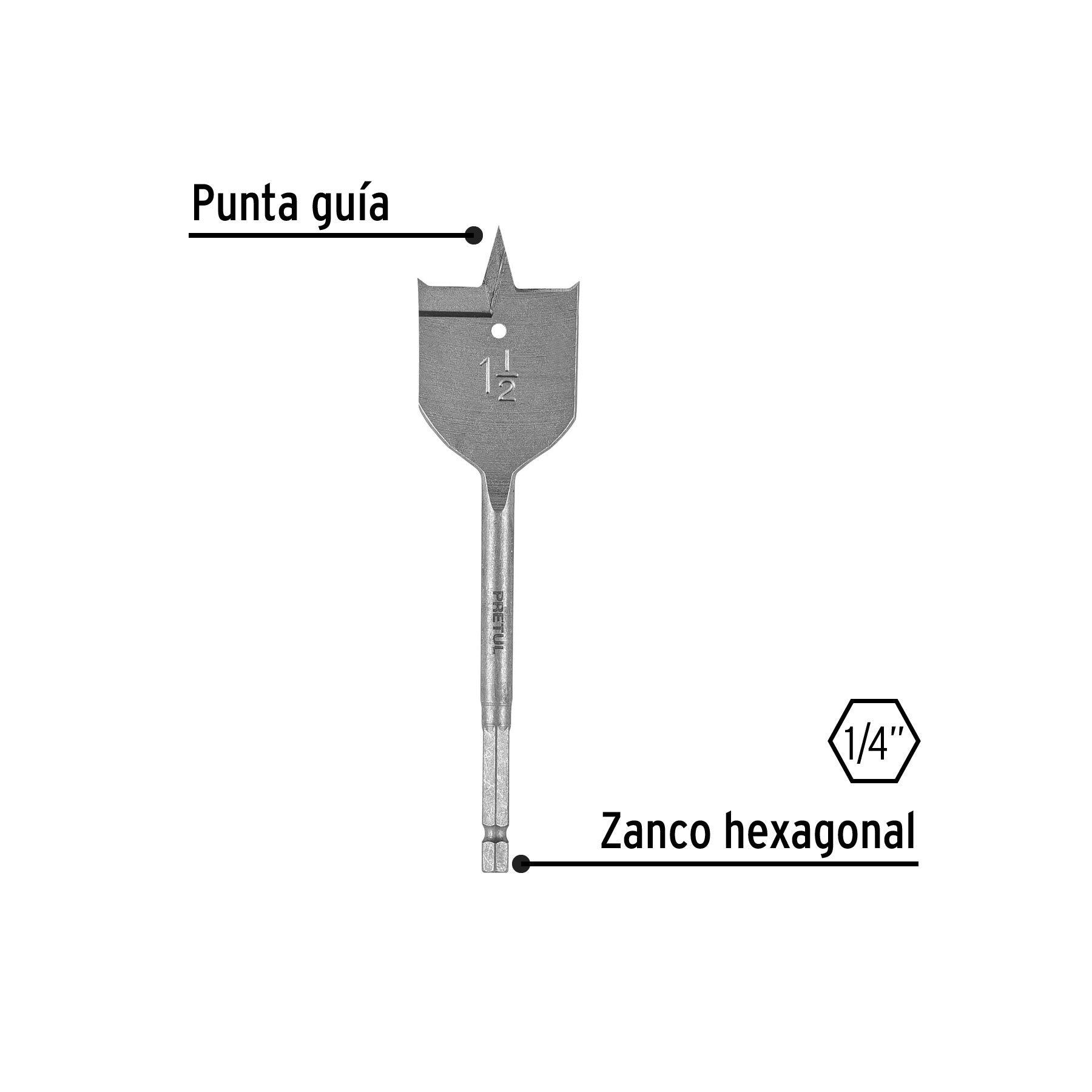 Broca plana de manita 1-1/2" para madera, PRETUL