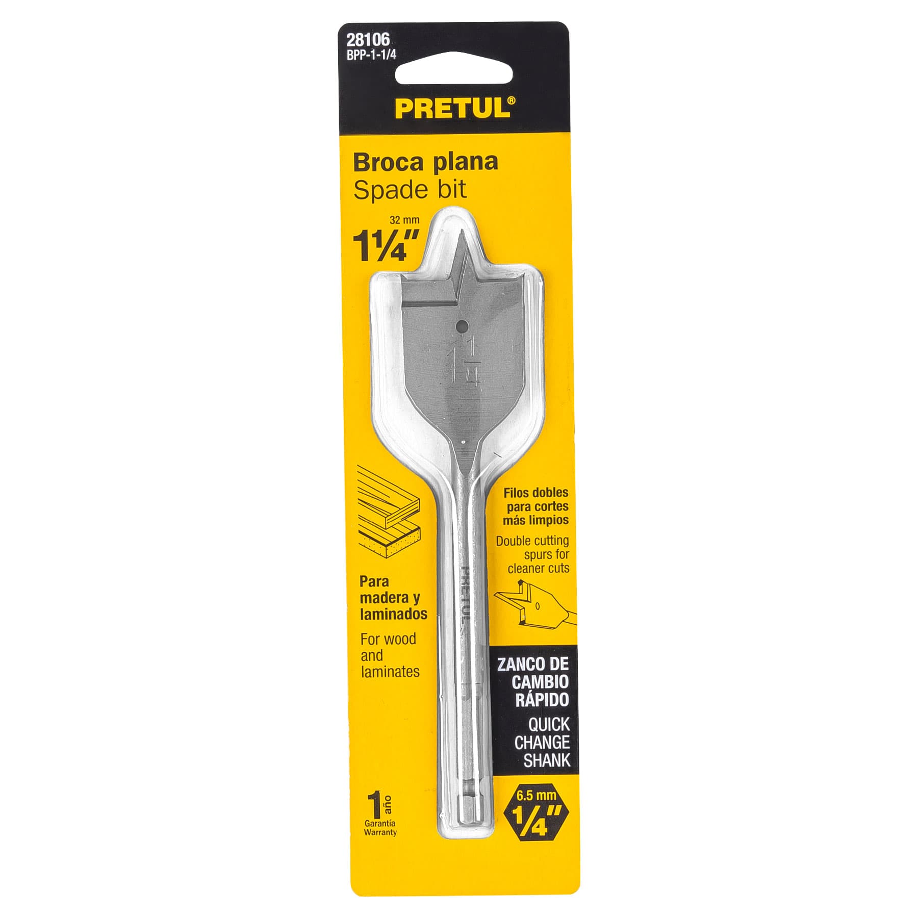 Broca plana de manita 1-1/4" para madera, PRETUL