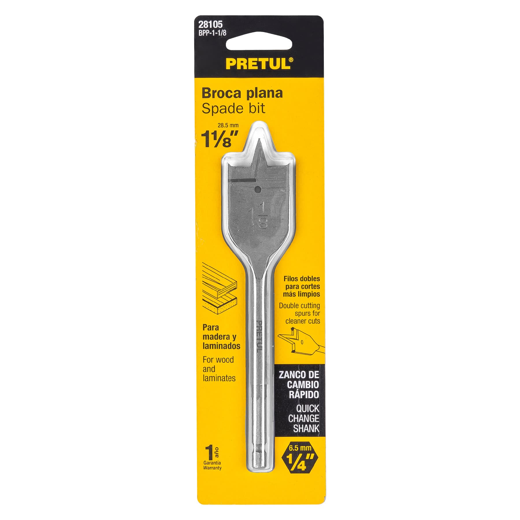 Broca plana de manita 1-1/8" para madera, PRETUL